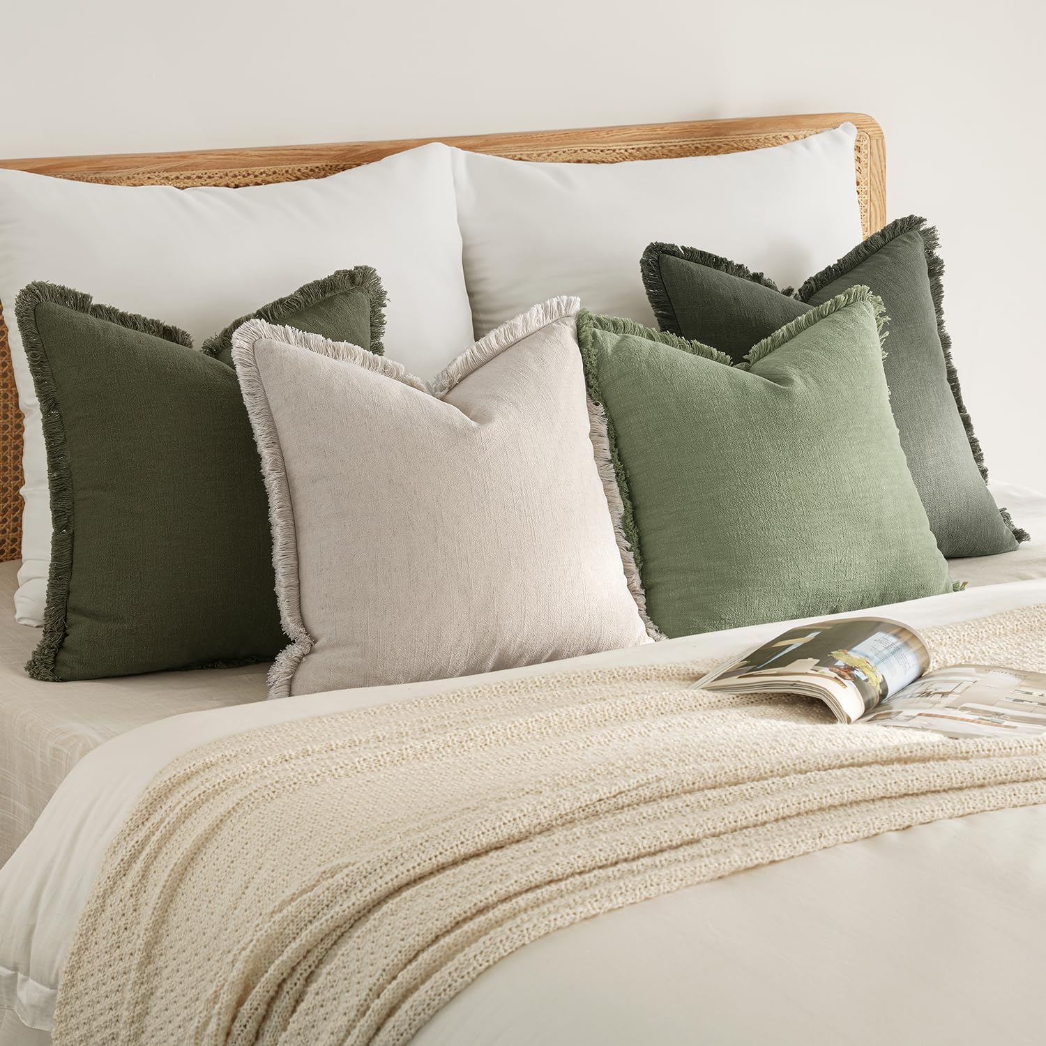 MIULEE Decorative Couch Pillow Covers Neutral Linen Fringe Throw Pillows Set of 4 Boho Farmhouse Soft Accent Cushions for Bed Sofa Living Room Spring Home Decor 24x24 Inch Beige/Sage Green