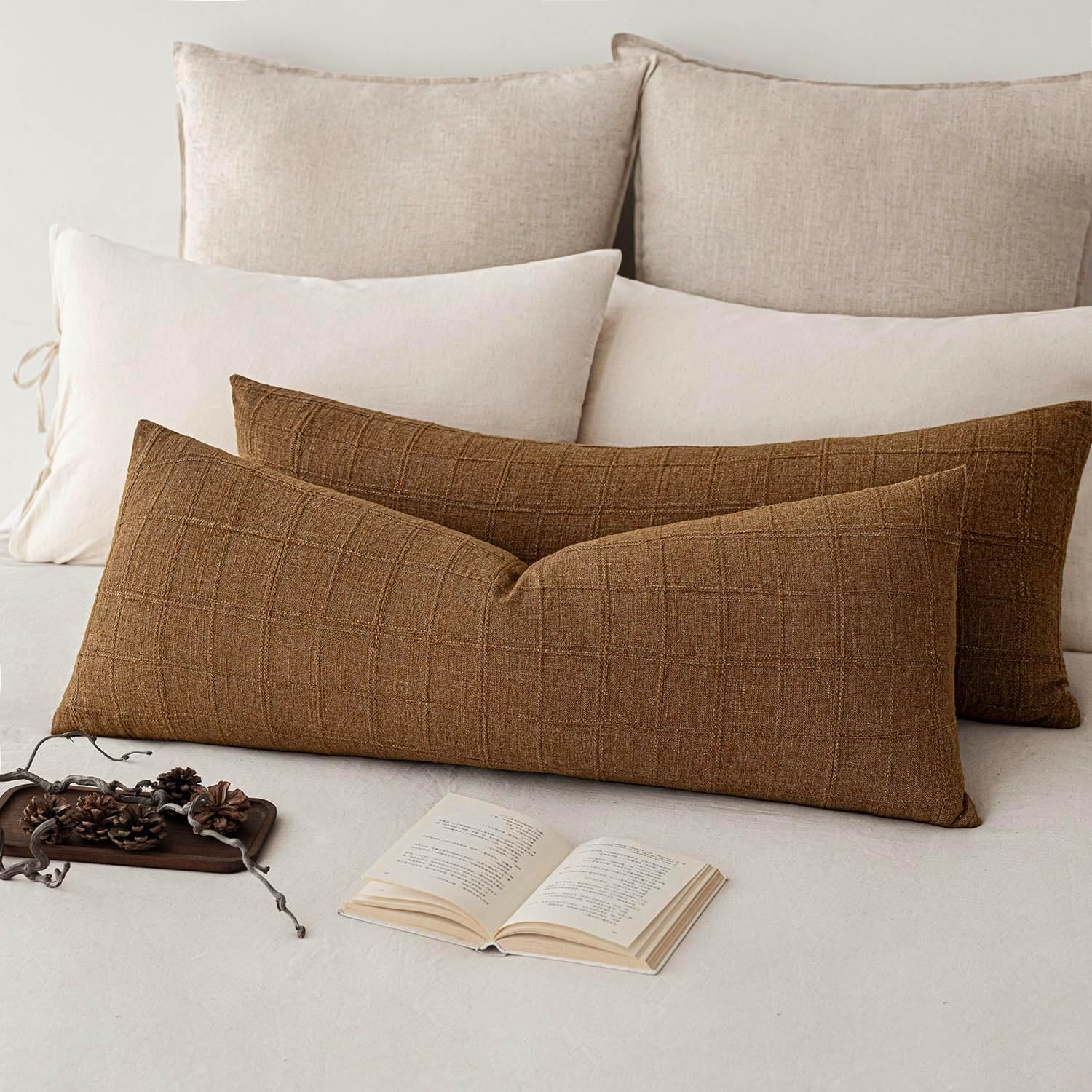 Foindtower Set of 2 Decorative Linen Check Throw Pillow Covers Neutral Farmhouse Vintage Cushion Covers Modern Boho Home Decor for Sofa Chair Couch Bedroom Living Room,26×26 Inch,Olive Green