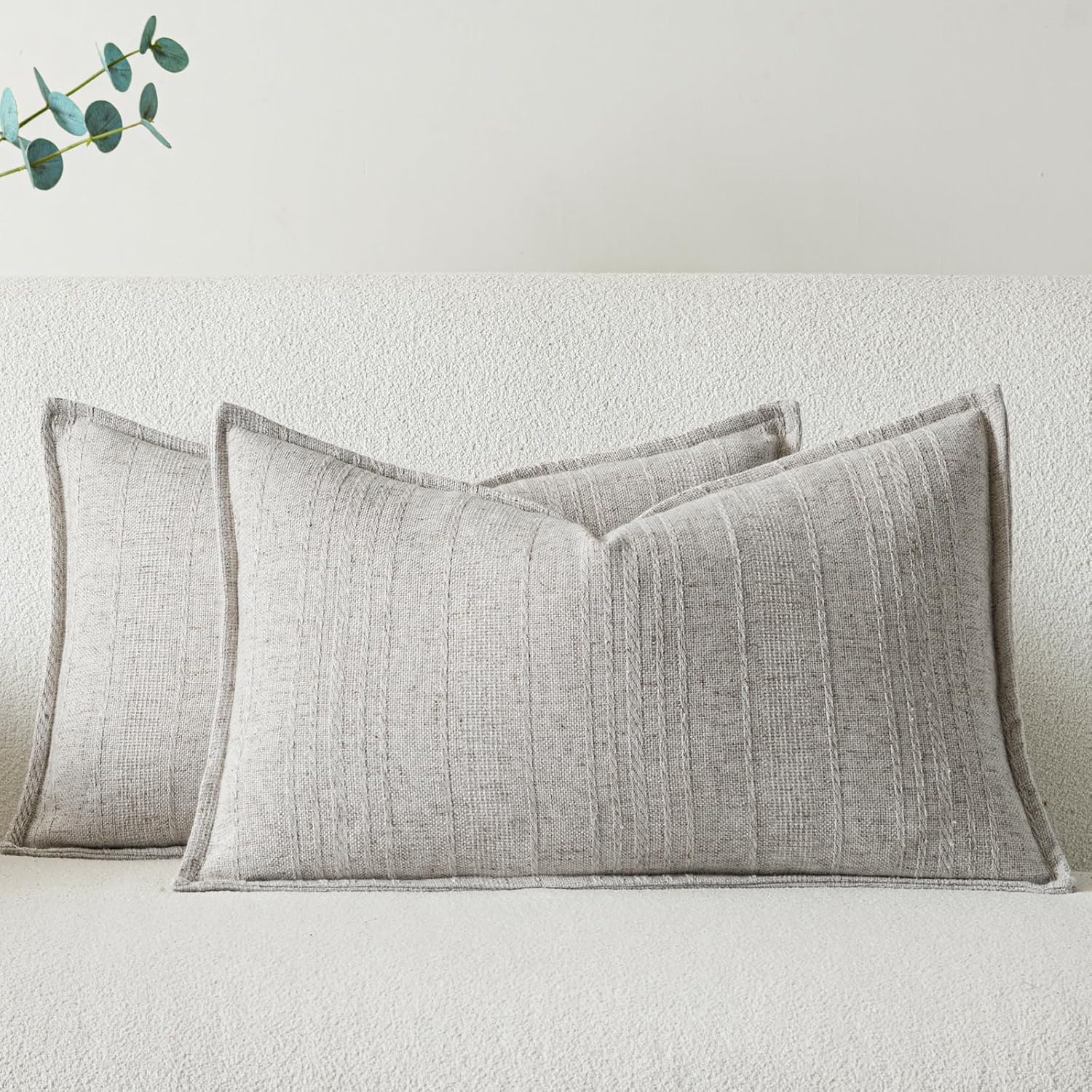 a moment Linen Pillow Covers Set of 2,Boho Farmhouse Throw Pillowcases Neutral Textured Decorative Covers for Couch Sofa,Soft Linen Blend Accent Case Cushion Living Room Home Decor 24"x24"Ivory