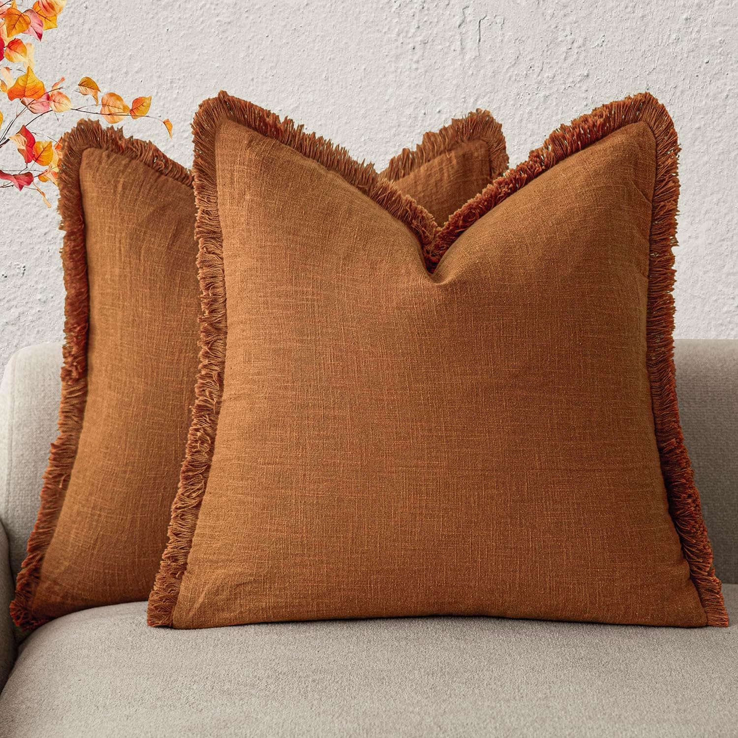 Foindtower Set of 2 Decorative Linen Fringe Throw Pillow Covers Cozy Boho Farmhouse Cushion Cover with Tassels Soft Accent Pillowcase for Couch Sofa Bed Living Room Home Decor, 26×26 Inch, Light Brown