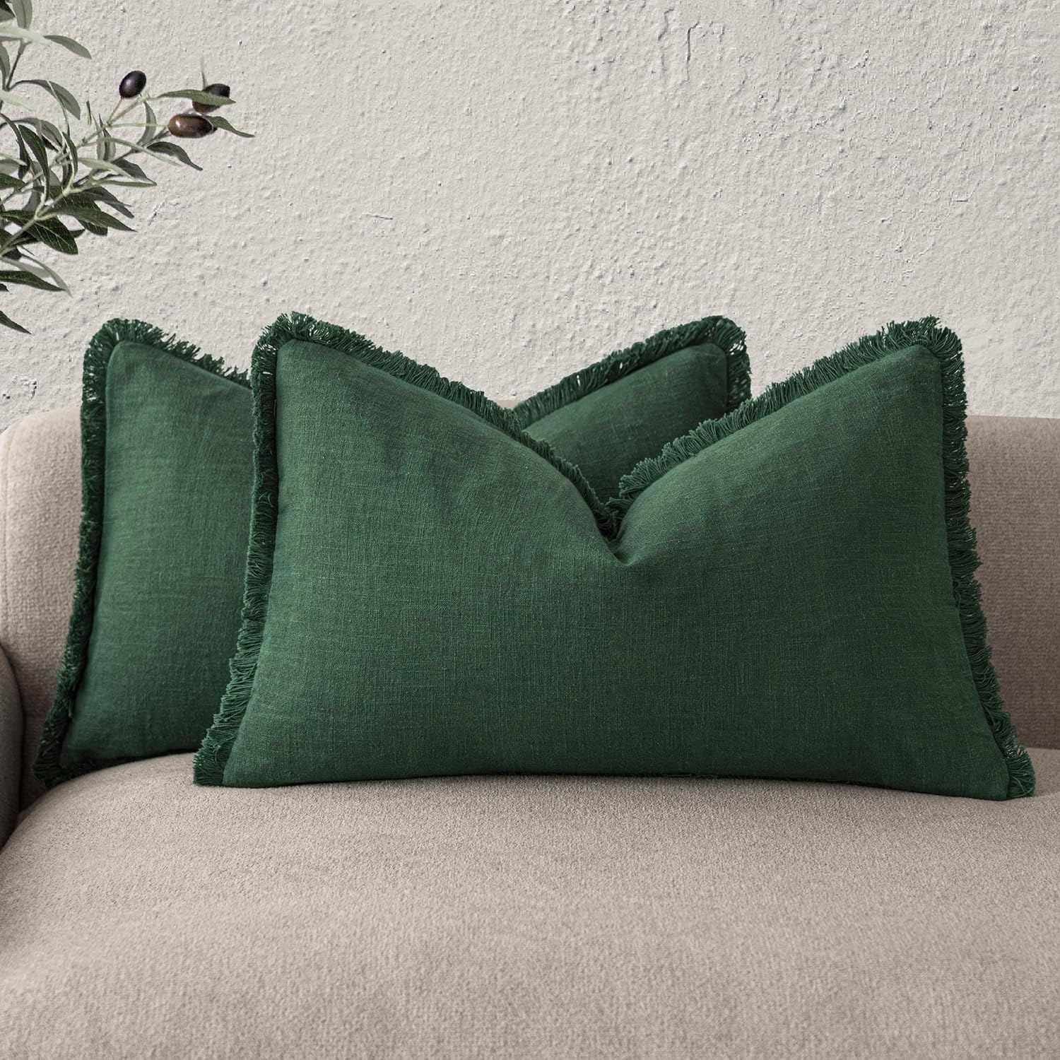 Foindtower Set of 2 Decorative Linen Fringe Throw Pillow Covers Cozy Boho Farmhouse Cushion Cover with Tassels Soft Accent Pillowcase for Couch Sofa Bed Living Room Home Decor, 26×26 Inch, Light Brown