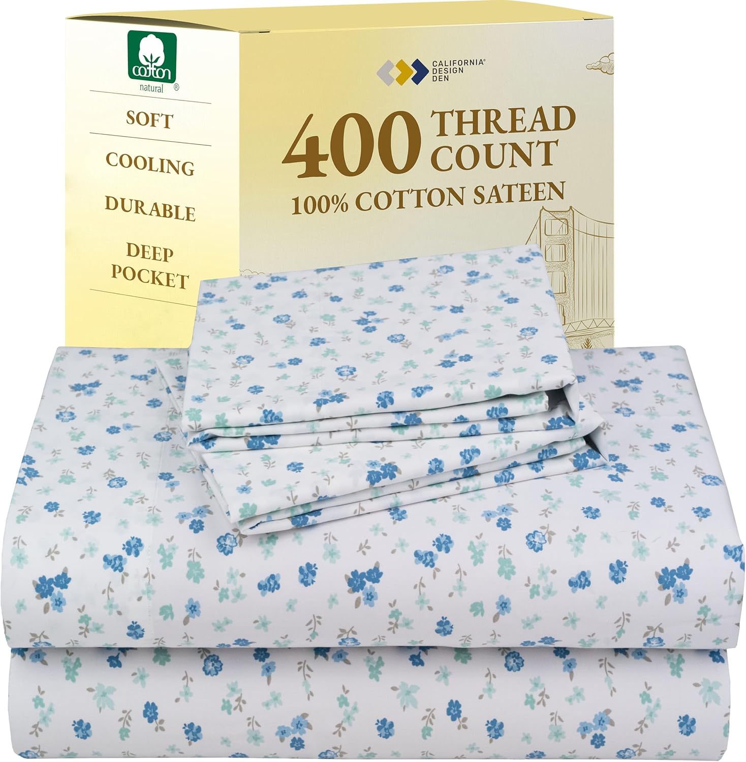 California Design Den Natural 100% Cotton Sheets Queen Size Bed Set - Soft 400 Thread Count Sateen, Queen Sheets, Deep Pockets with All Around Elastic for a Snug Fit, Durable Bedding - White