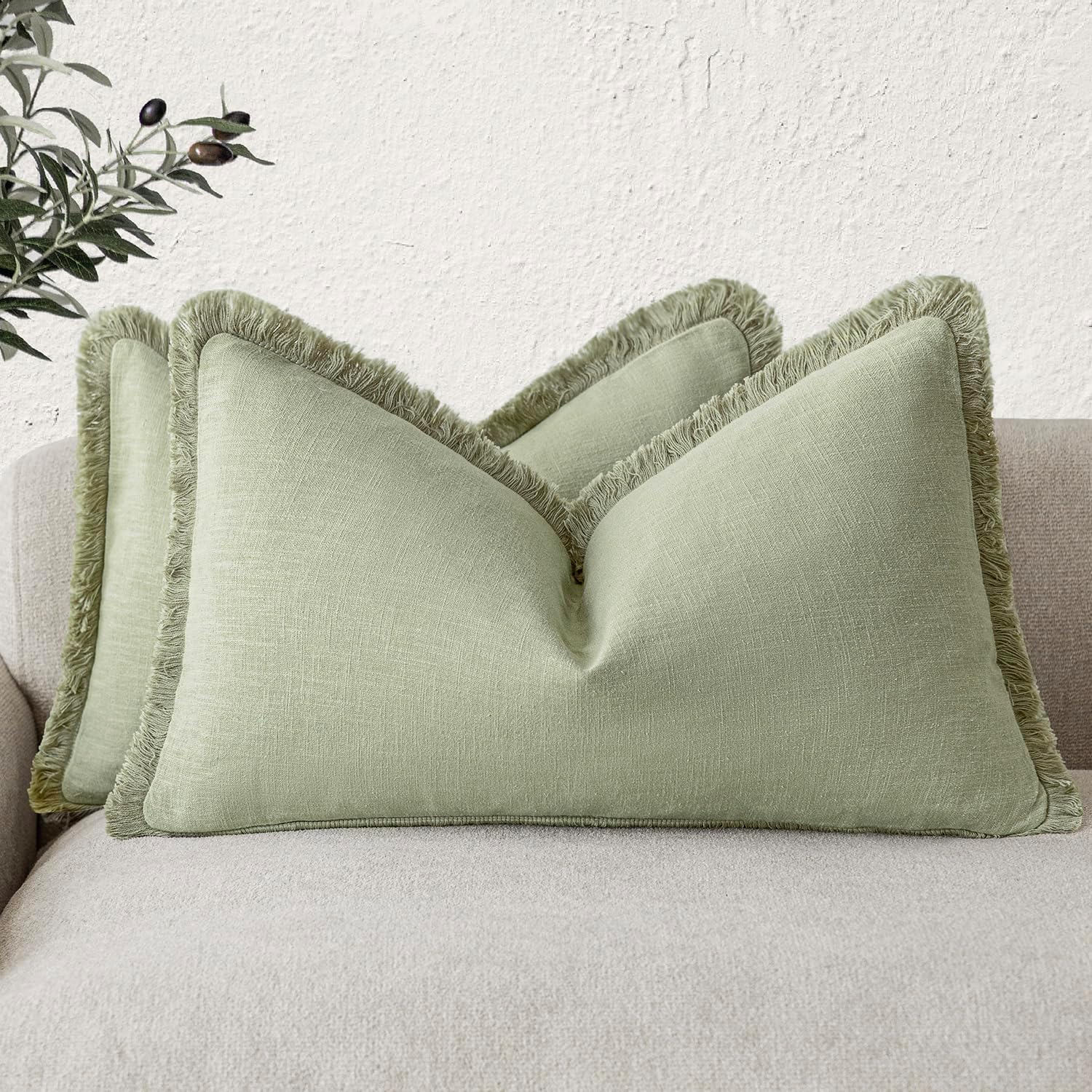 Foindtower Set of 2 Decorative Linen Fringe Throw Pillow Covers Cozy Boho Farmhouse Cushion Cover with Tassels Soft Accent Pillowcase for Couch Sofa Bed Living Room Home Decor, 26×26 Inch, Light Brown