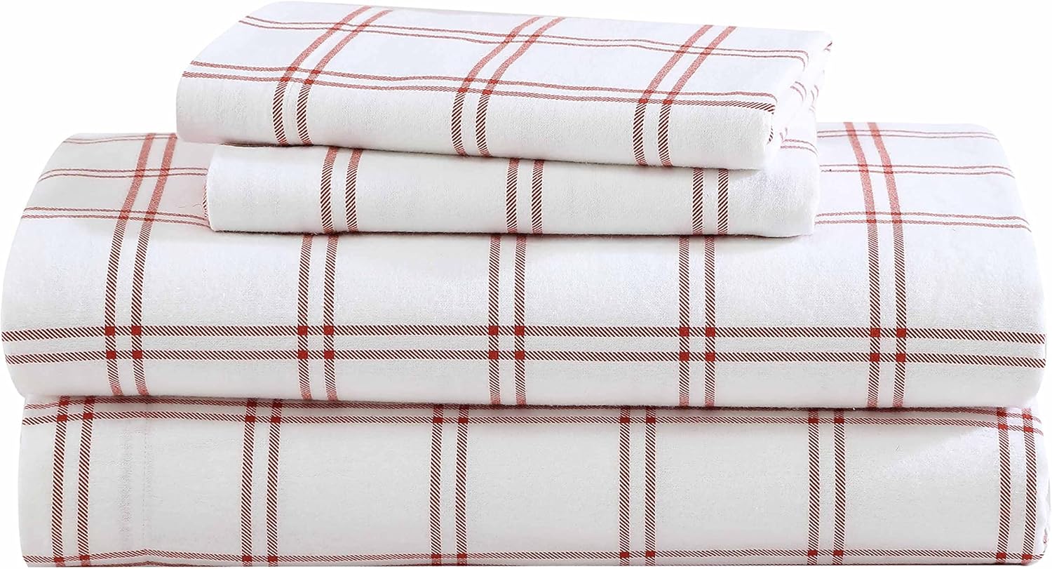 Eddie Bauer - Flannel Sheets Queen Size, Anti-Pilling & Wrinkle Resistant Cotton, Touchably Soft for All-Season Comfort - Bed Sheets with Matching Pillowcases & Fitted Sheet (Edgewood Plaid Green)