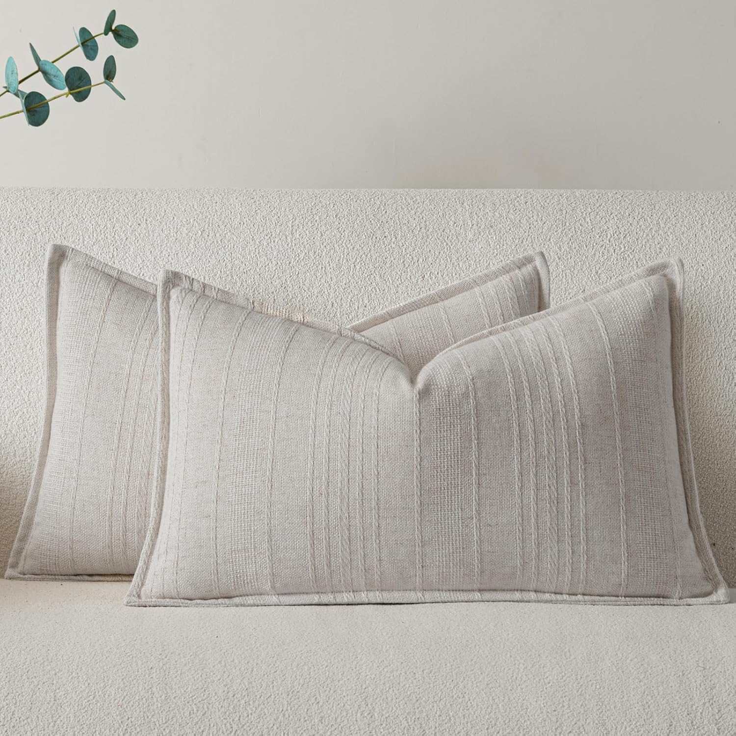a moment Linen Pillow Covers Set of 2,Boho Farmhouse Throw Pillowcases Neutral Textured Decorative Covers for Couch Sofa,Soft Linen Blend Accent Case Cushion Living Room Home Decor 24"x24"Ivory