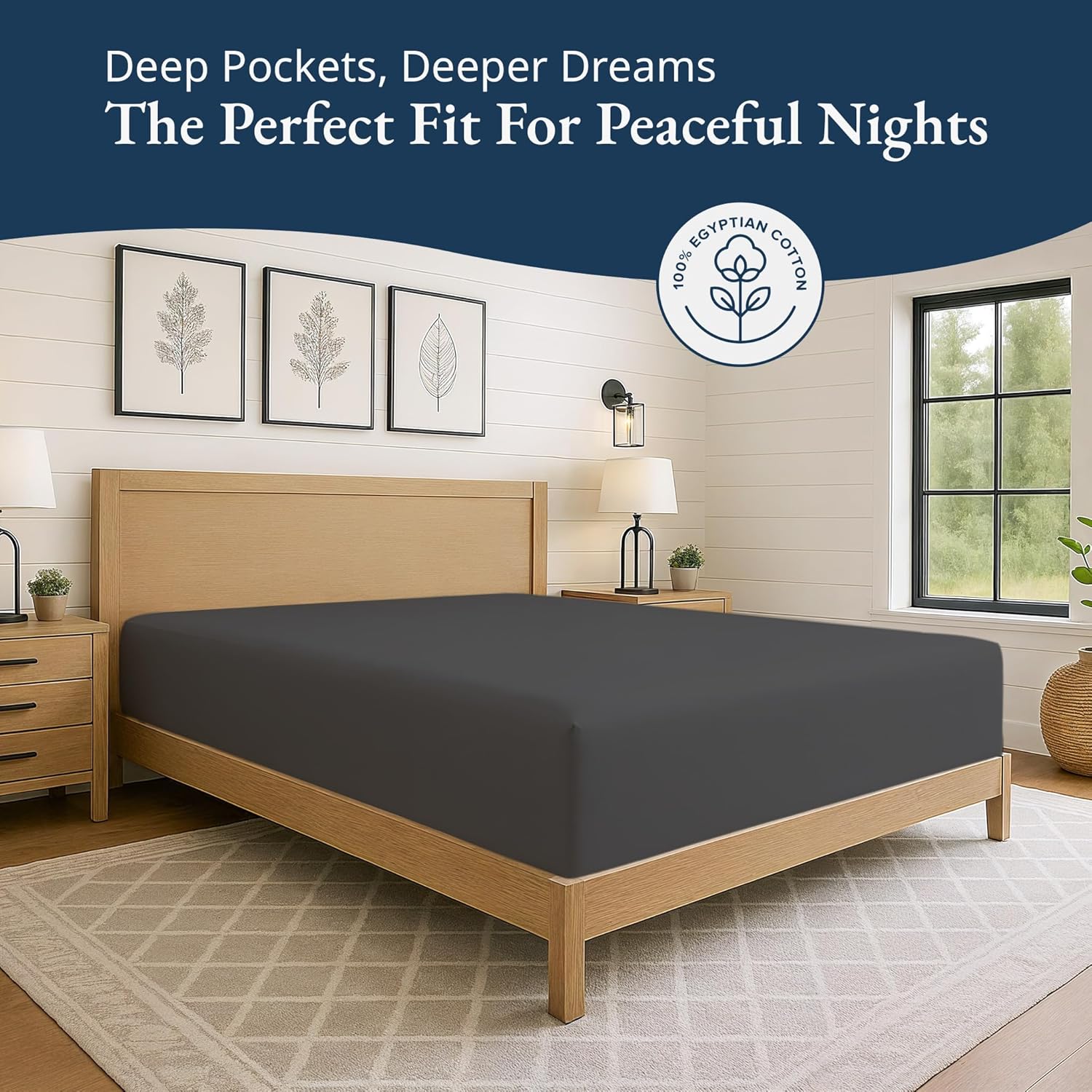 Lane Linen 100% Egyptian Cotton King Size Fitted Sheet Only (79"x81" + 16") - Elegant Sateen Weave, Ultra Soft, Breathable, Highly Durable, Deep Pockets Upto 17" - Charcoal