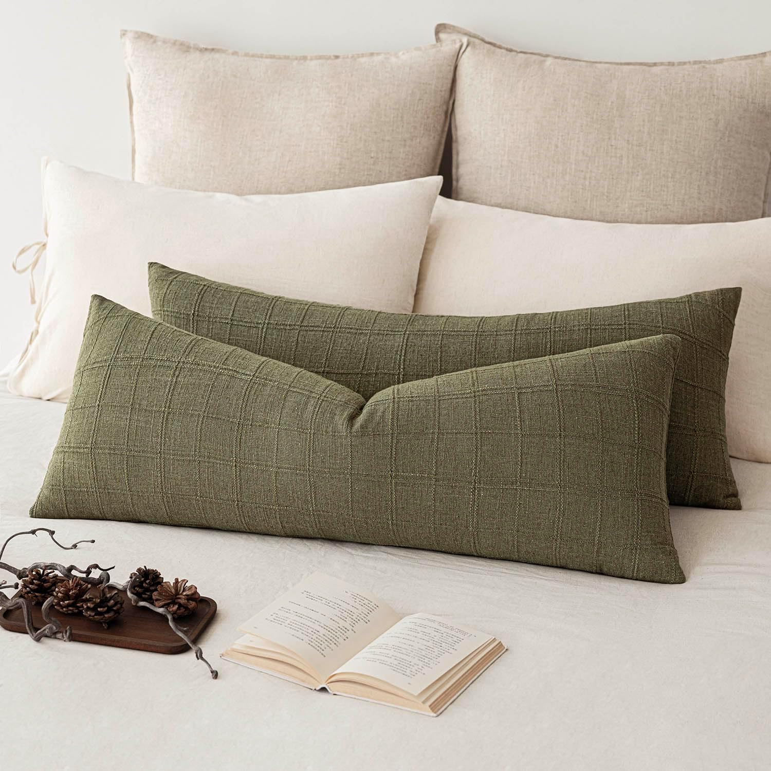 Foindtower Set of 2 Decorative Linen Check Throw Pillow Covers Neutral Farmhouse Vintage Cushion Covers Modern Boho Home Decor for Sofa Chair Couch Bedroom Living Room,26×26 Inch,Olive Green