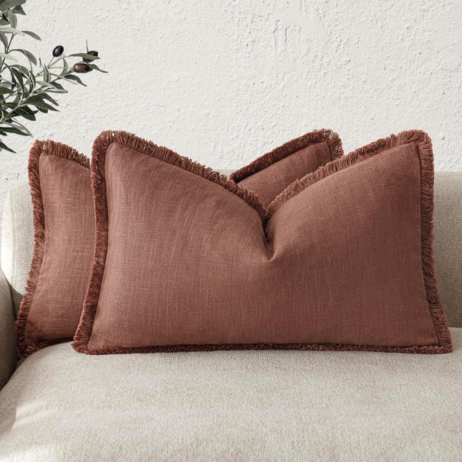Foindtower Set of 2 Decorative Linen Fringe Throw Pillow Covers Cozy Boho Farmhouse Cushion Cover with Tassels Soft Accent Pillowcase for Couch Sofa Bed Living Room Home Decor, 26×26 Inch, Light Brown