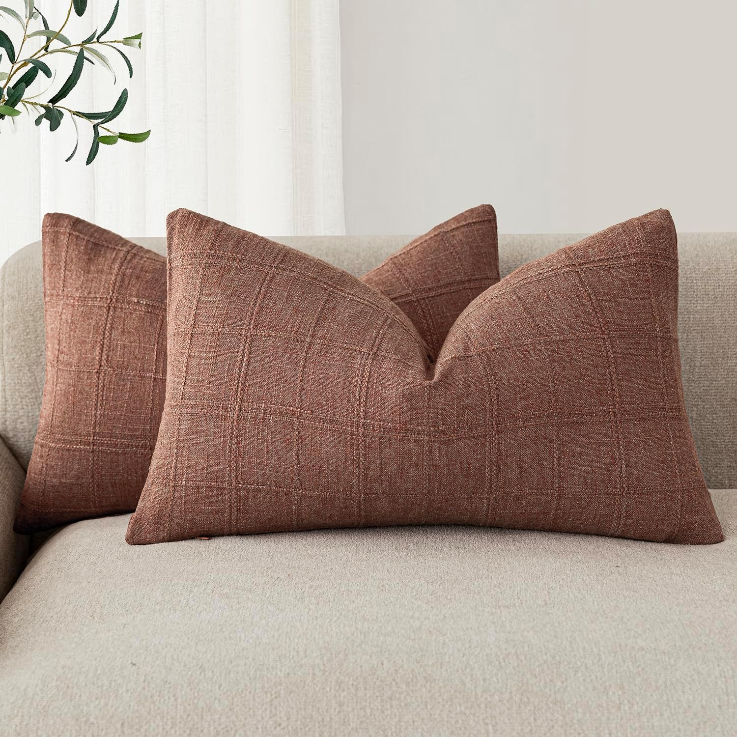 Foindtower Set of 2 Decorative Linen Check Throw Pillow Covers Neutral Farmhouse Vintage Cushion Covers Modern Boho Home Decor for Sofa Chair Couch Bedroom Living Room,26×26 Inch,Olive Green