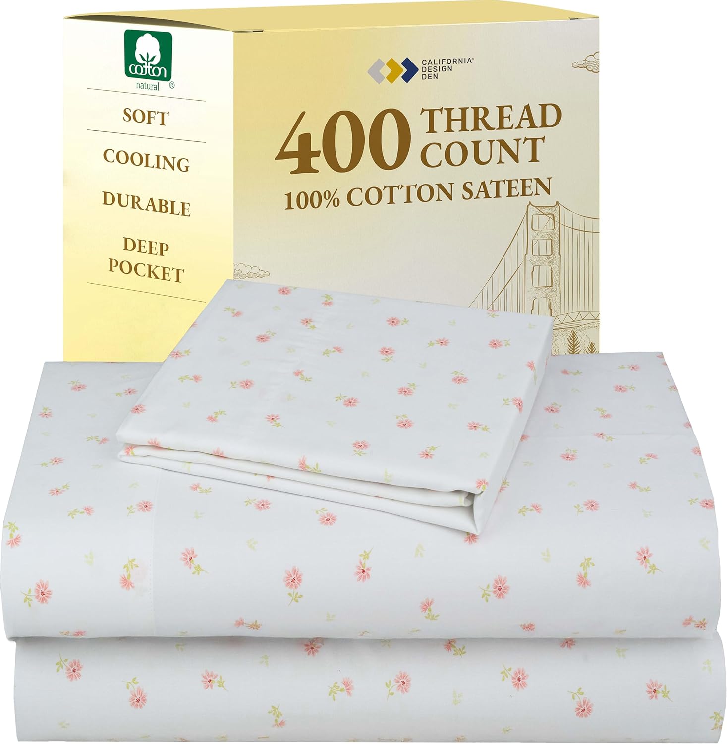 California Design Den Natural 100% Cotton Sheets Queen Size Bed Set - Soft 400 Thread Count Sateen, Queen Sheets, Deep Pockets with All Around Elastic for a Snug Fit, Durable Bedding - White