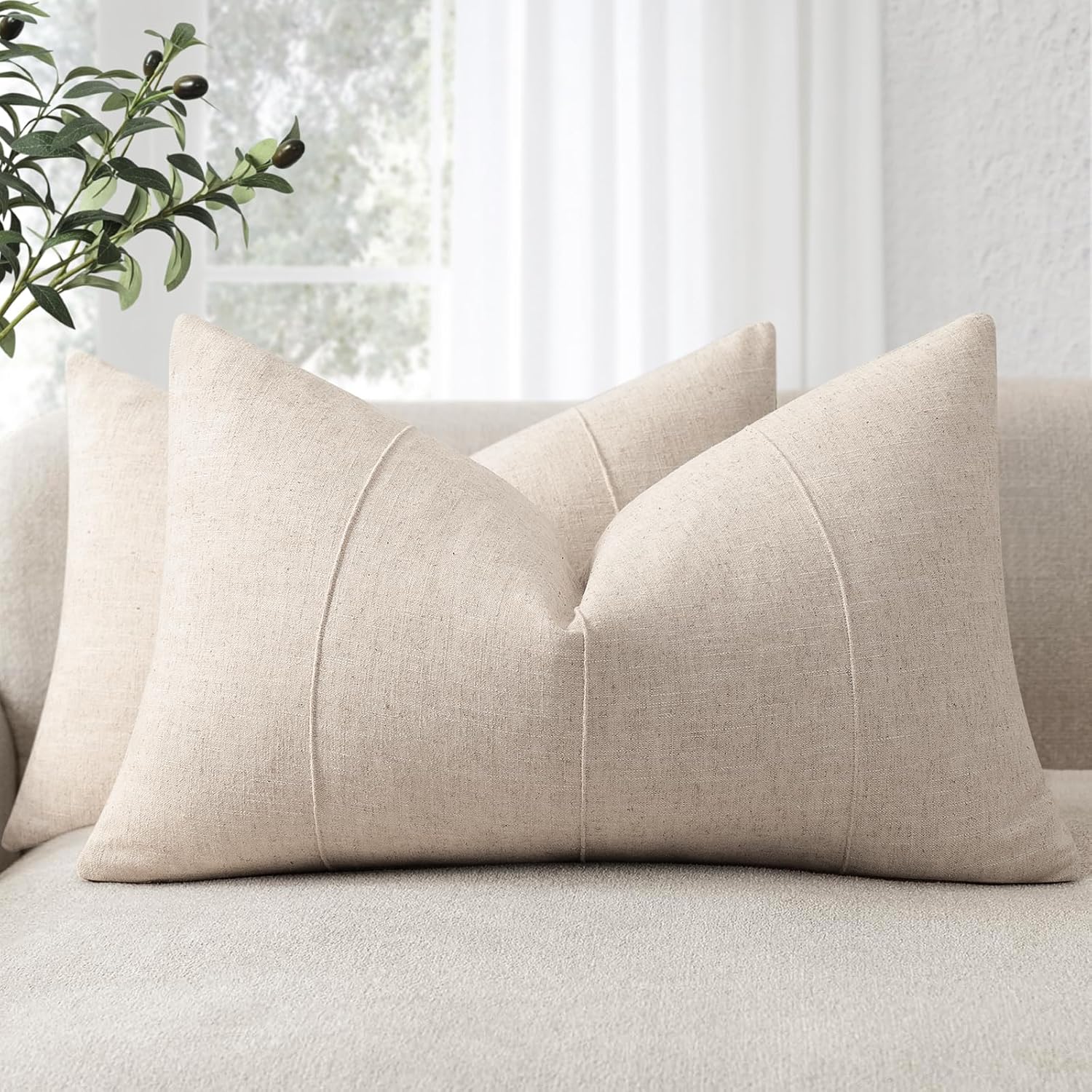 ZWJD Decorative Linen Throw Pillow Covers 26x26 Set of 2 Solid Handcrafted Striped Cushion Covers for Bed Soft Modern Farmhouse Neutral Pillowcase for Couch Bedroom Living Room Home Decor(Rust)