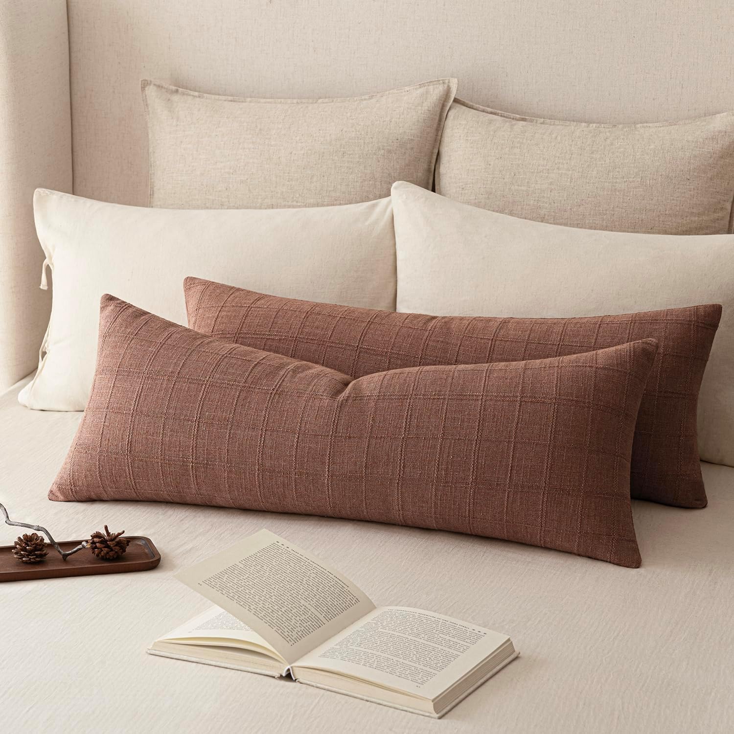 Foindtower Set of 2 Decorative Linen Check Throw Pillow Covers Neutral Farmhouse Vintage Cushion Covers Modern Boho Home Decor for Sofa Chair Couch Bedroom Living Room,26×26 Inch,Olive Green