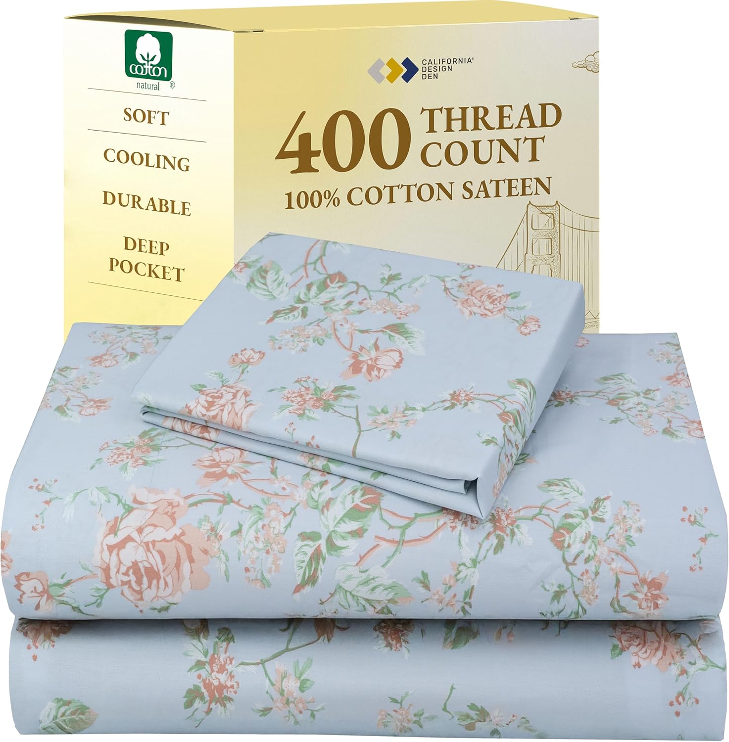California Design Den Natural 100% Cotton Sheets Queen Size Bed Set - Soft 400 Thread Count Sateen, Queen Sheets, Deep Pockets with All Around Elastic for a Snug Fit, Durable Bedding - White
