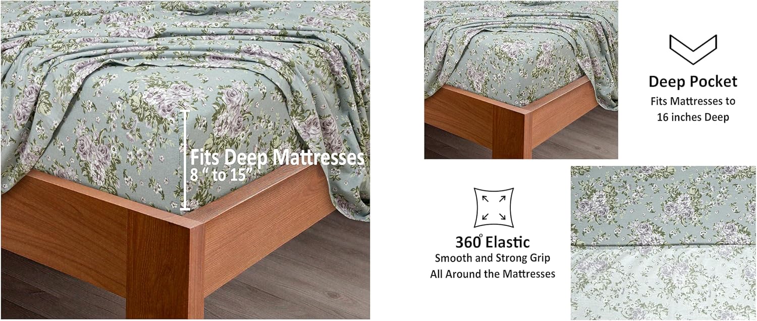 Bliss Casa 4 Piece 100% Cotton Flannel Sheets Queen Size Bed Set - Warm & Extra Soft - Deep Pockets, Breathable, All Seasons Comfy - Double Brushed Bed Sheet (Blossom)