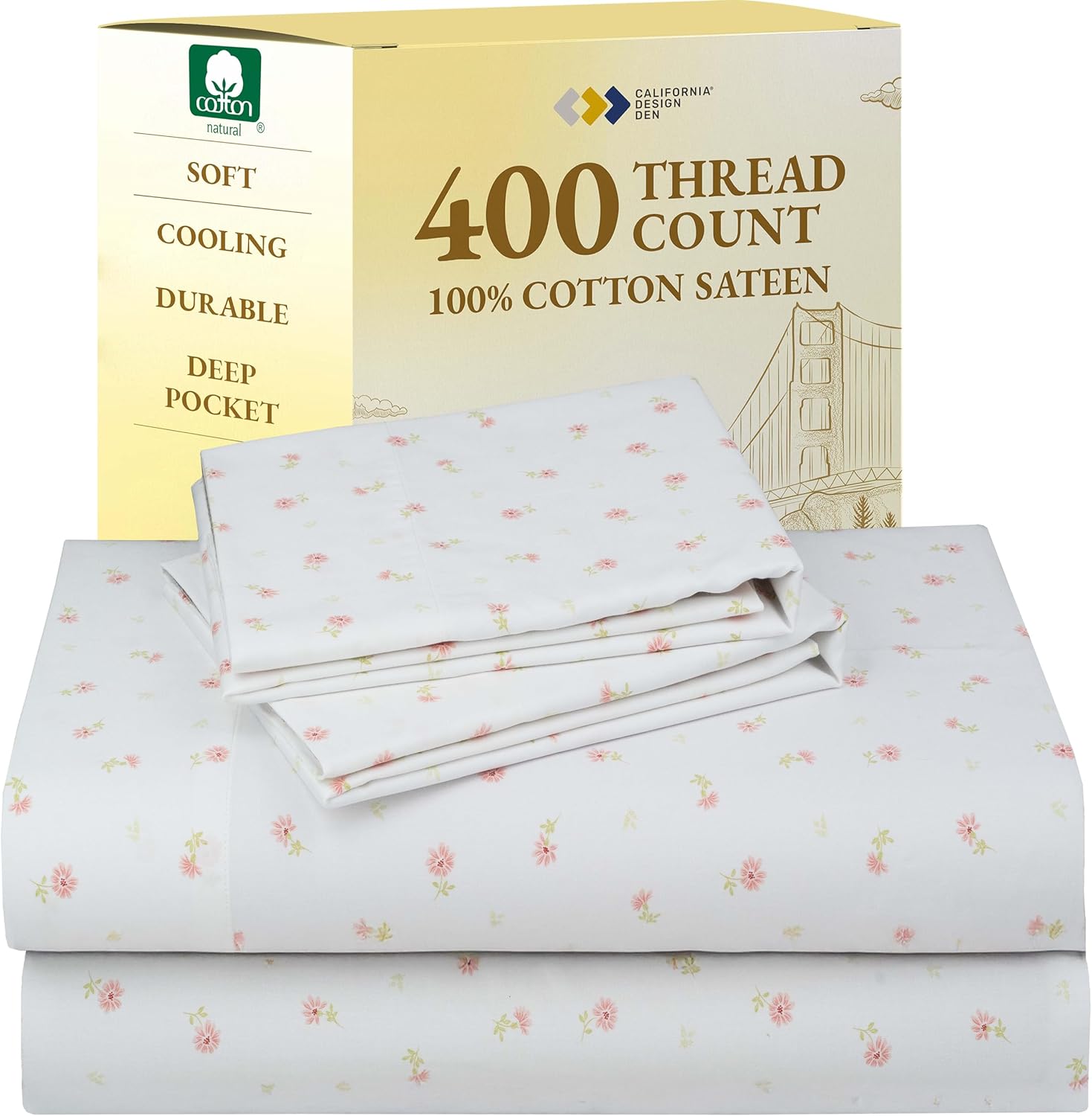 California Design Den Natural 100% Cotton Sheets Queen Size Bed Set - Soft 400 Thread Count Sateen, Queen Sheets, Deep Pockets with All Around Elastic for a Snug Fit, Durable Bedding - White