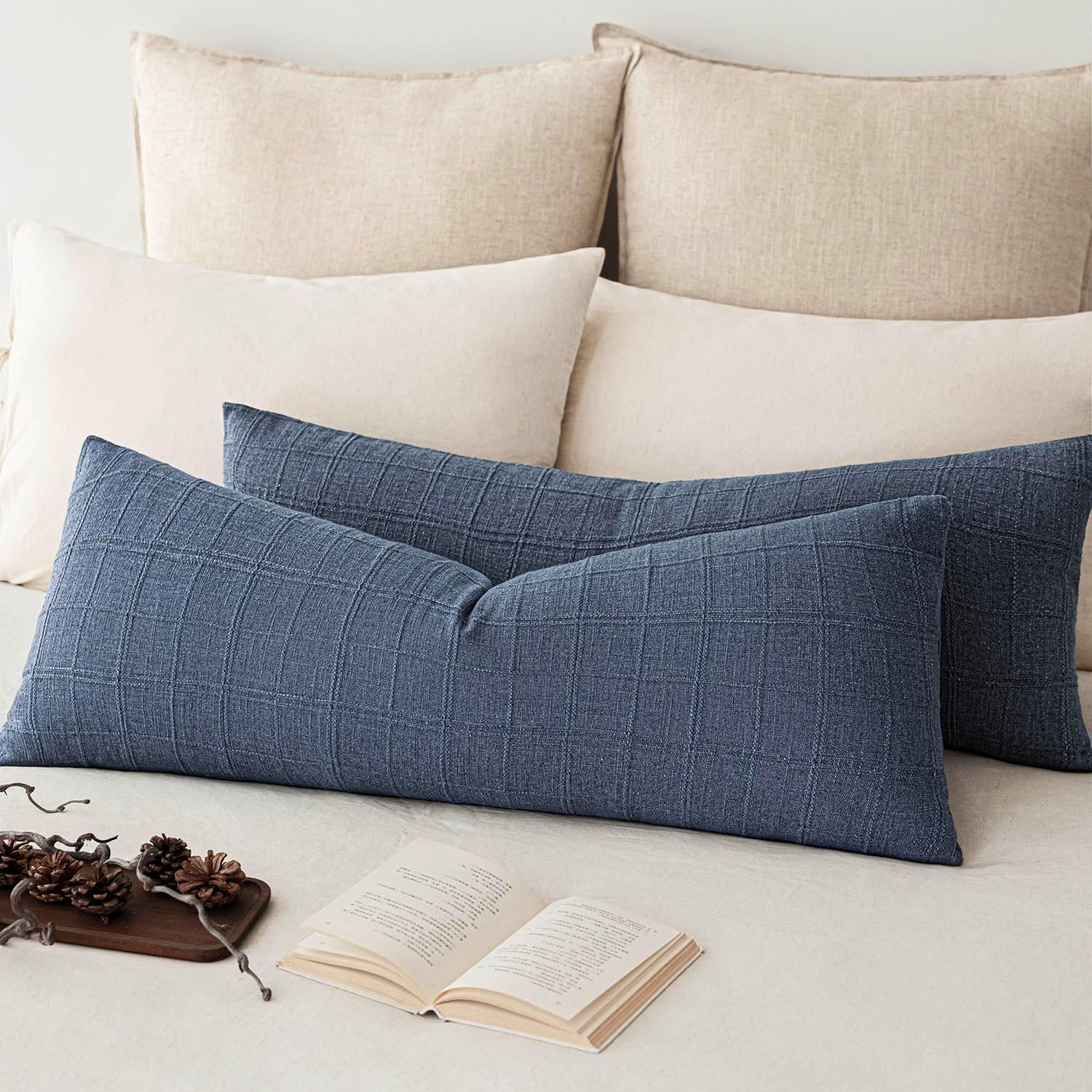 Foindtower Set of 2 Decorative Linen Check Throw Pillow Covers Neutral Farmhouse Vintage Cushion Covers Modern Boho Home Decor for Sofa Chair Couch Bedroom Living Room,26×26 Inch,Olive Green