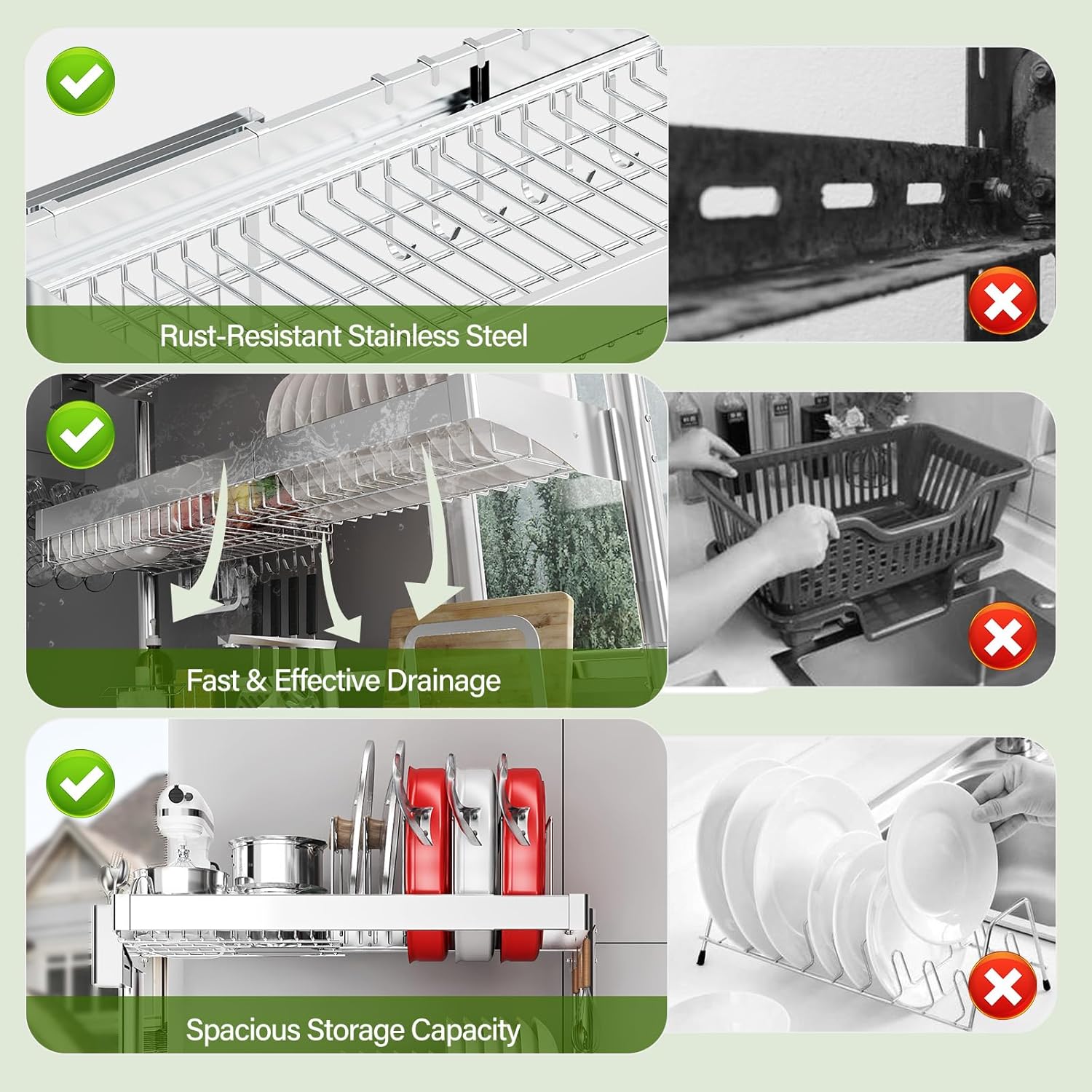 Over The Sink Dish Drainer Drying Rack 3 Tier, Full Stainless Steel Dish Drying Rack Adjustable Length 20.9''-37.4'' , Kitchen Sink Shelf, Organized Space-Saving Dish Rack with Pots and Pans Rack