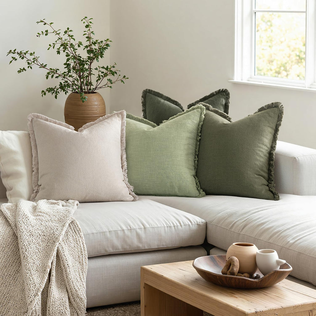 MIULEE Decorative Couch Pillow Covers Neutral Linen Fringe Throw Pillows Set of 4 Boho Farmhouse Soft Accent Cushions for Bed Sofa Living Room Spring Home Decor 24x24 Inch Beige/Sage Green