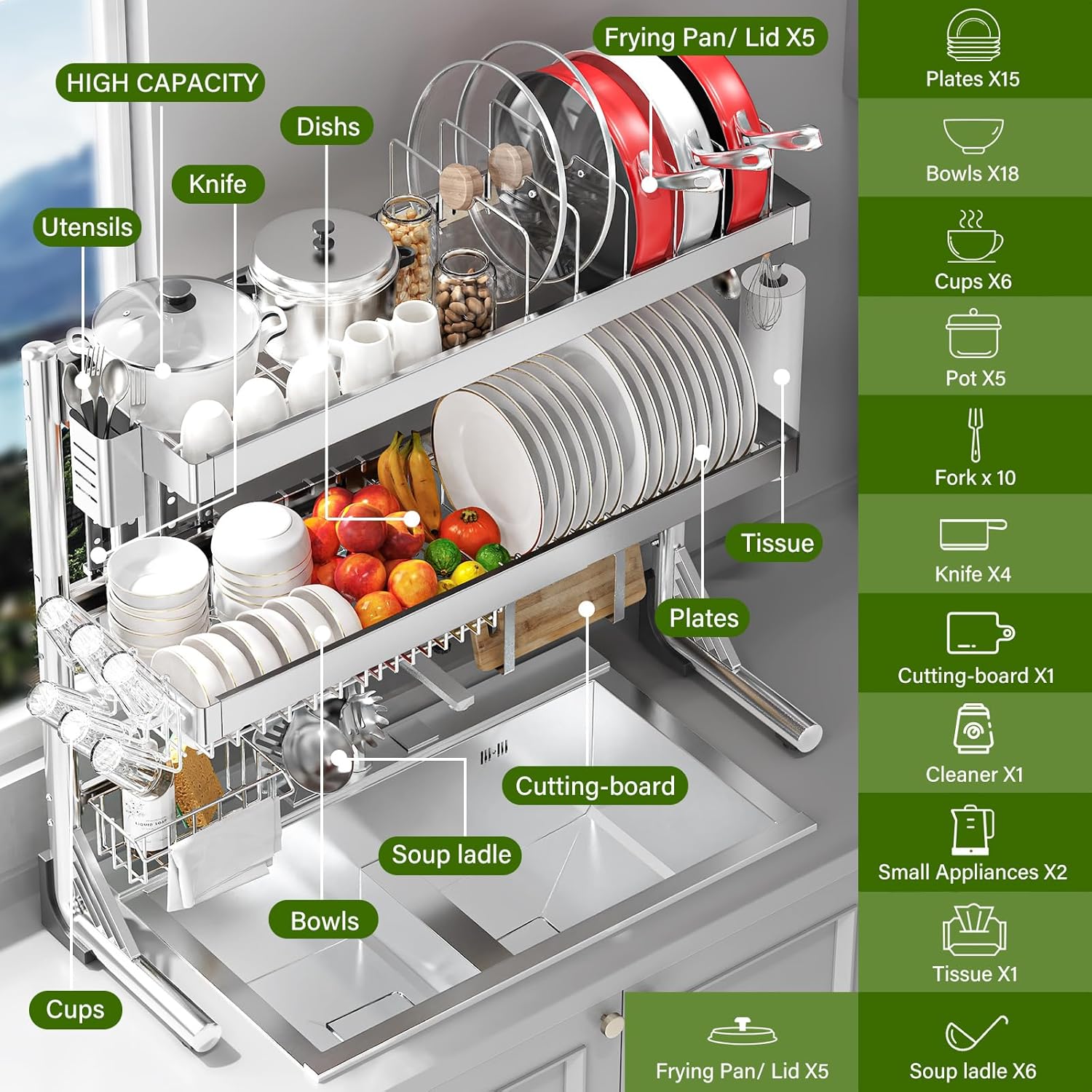 Over The Sink Dish Drainer Drying Rack 3 Tier, Full Stainless Steel Dish Drying Rack Adjustable Length 20.9''-37.4'' , Kitchen Sink Shelf, Organized Space-Saving Dish Rack with Pots and Pans Rack