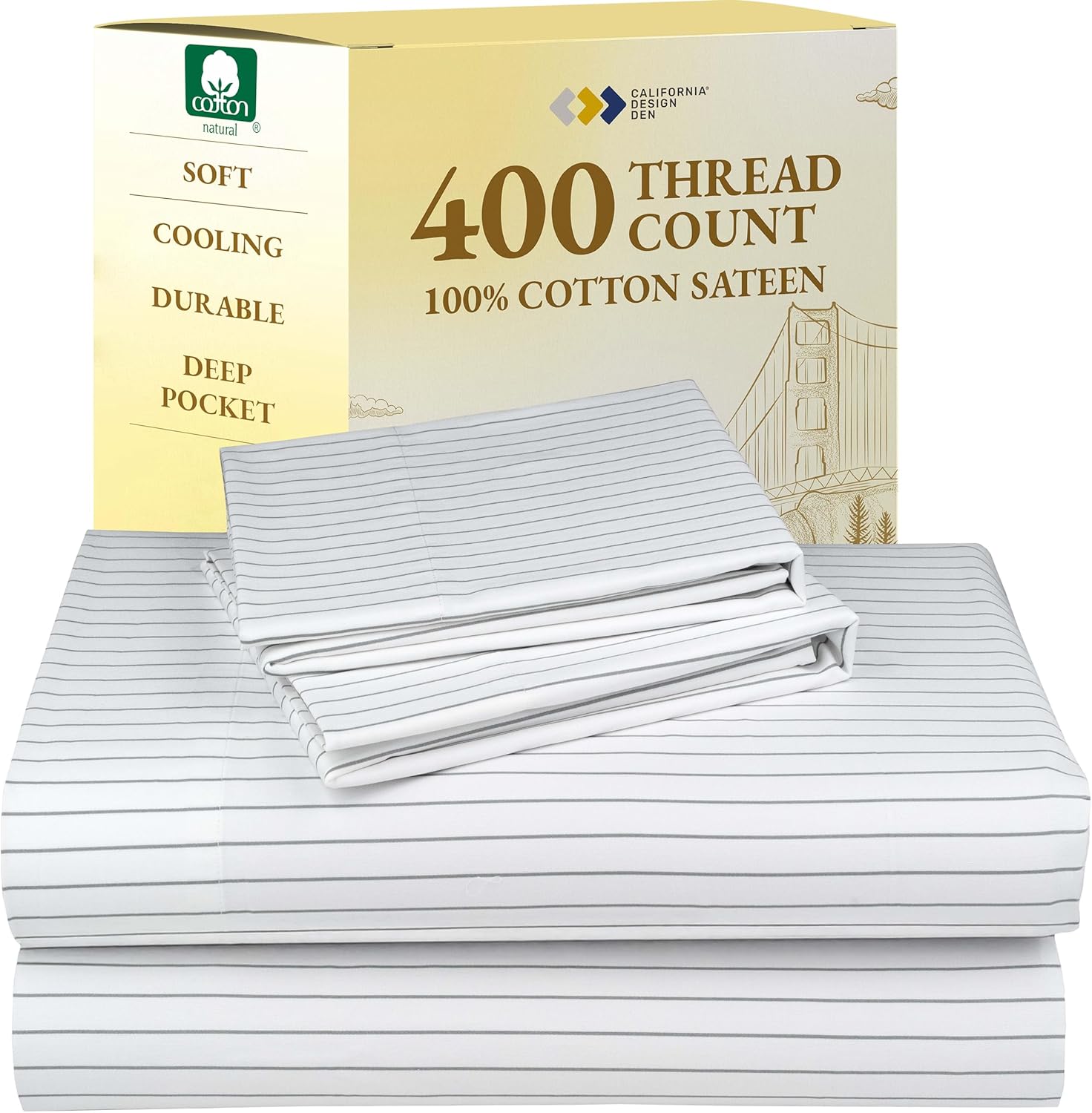 California Design Den Natural 100% Cotton Sheets Queen Size Bed Set - Soft 400 Thread Count Sateen, Queen Sheets, Deep Pockets with All Around Elastic for a Snug Fit, Durable Bedding - White