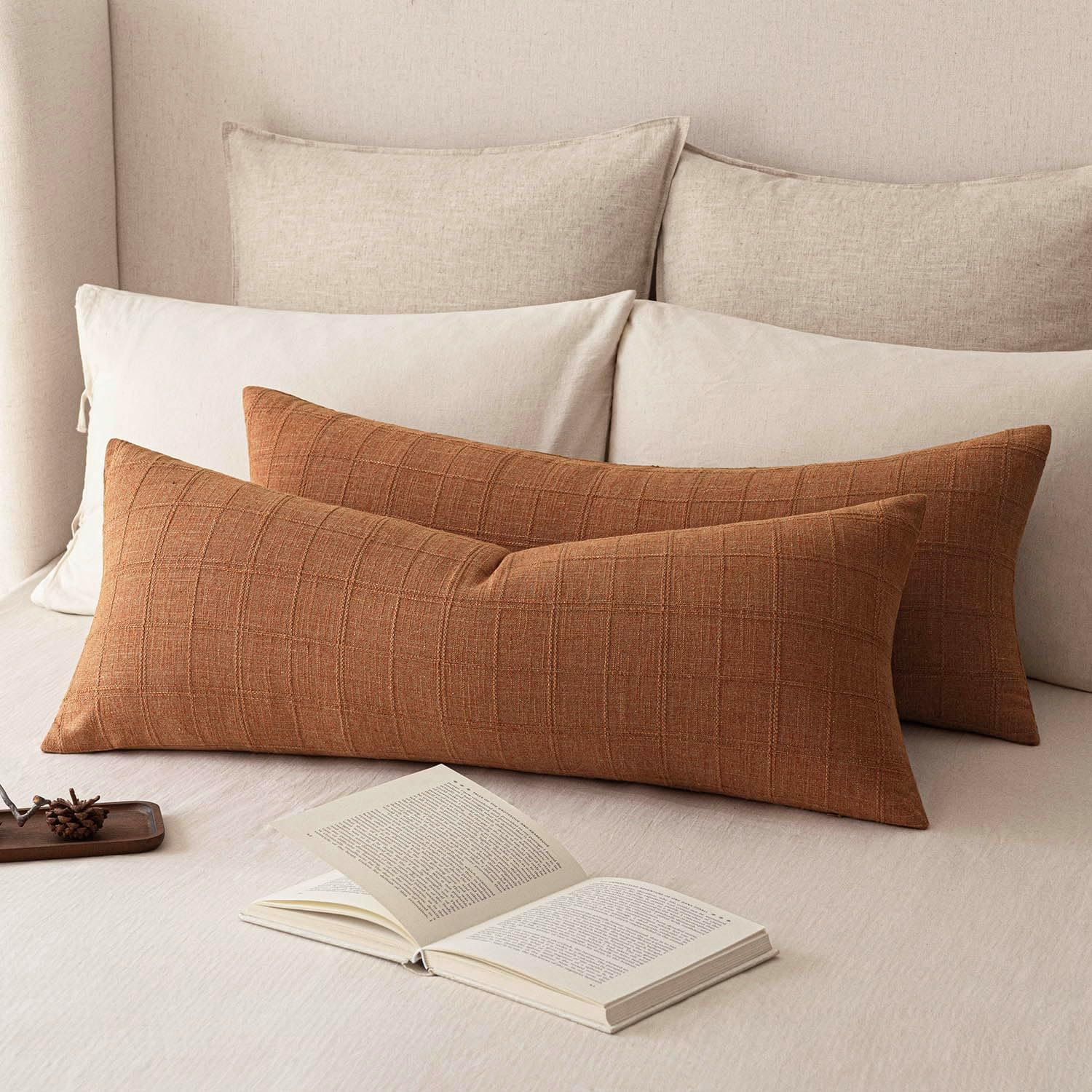 Foindtower Set of 2 Decorative Linen Check Throw Pillow Covers Neutral Farmhouse Vintage Cushion Covers Modern Boho Home Decor for Sofa Chair Couch Bedroom Living Room,26×26 Inch,Olive Green