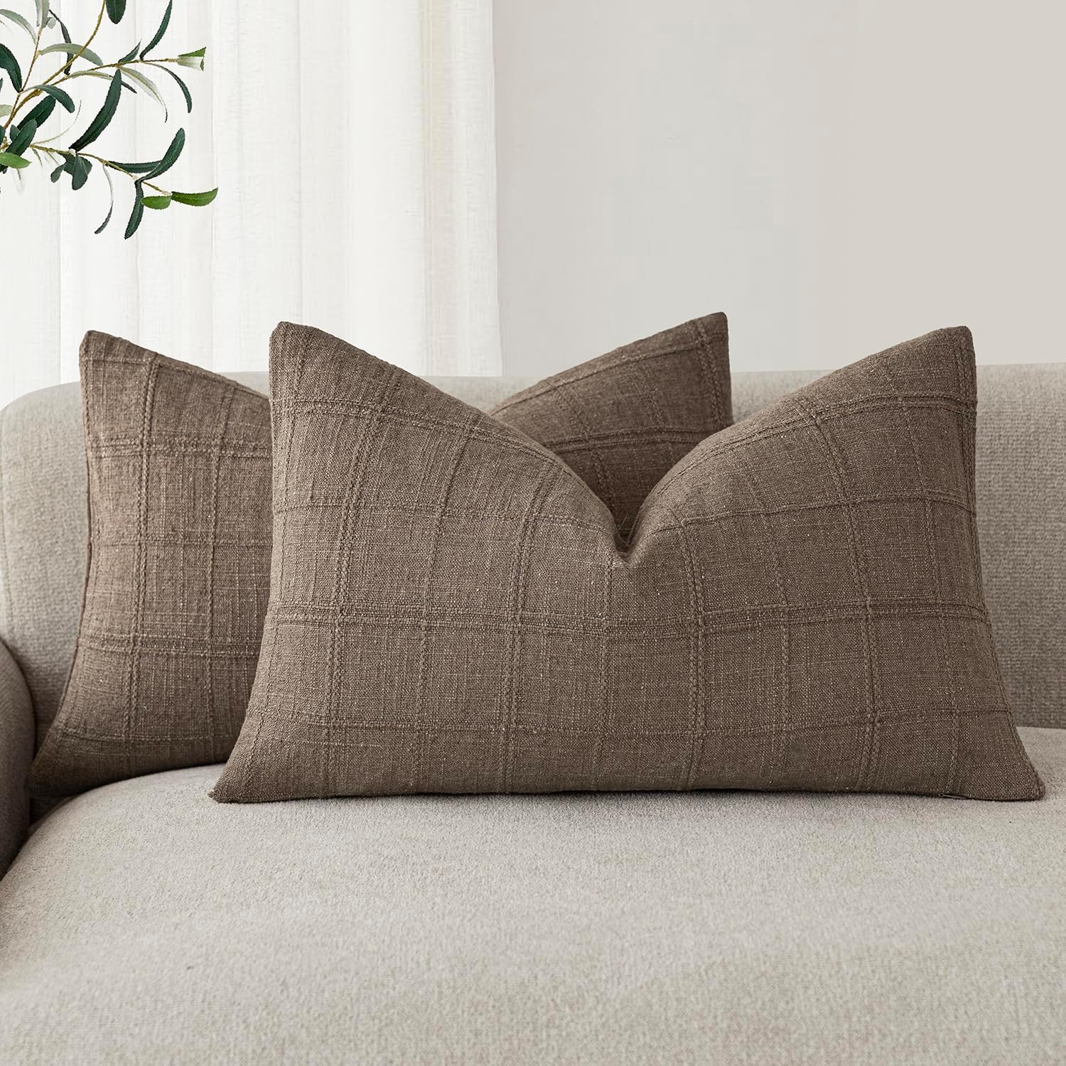 Foindtower Set of 2 Decorative Linen Check Throw Pillow Covers Neutral Farmhouse Vintage Cushion Covers Modern Boho Home Decor for Sofa Chair Couch Bedroom Living Room,26×26 Inch,Olive Green