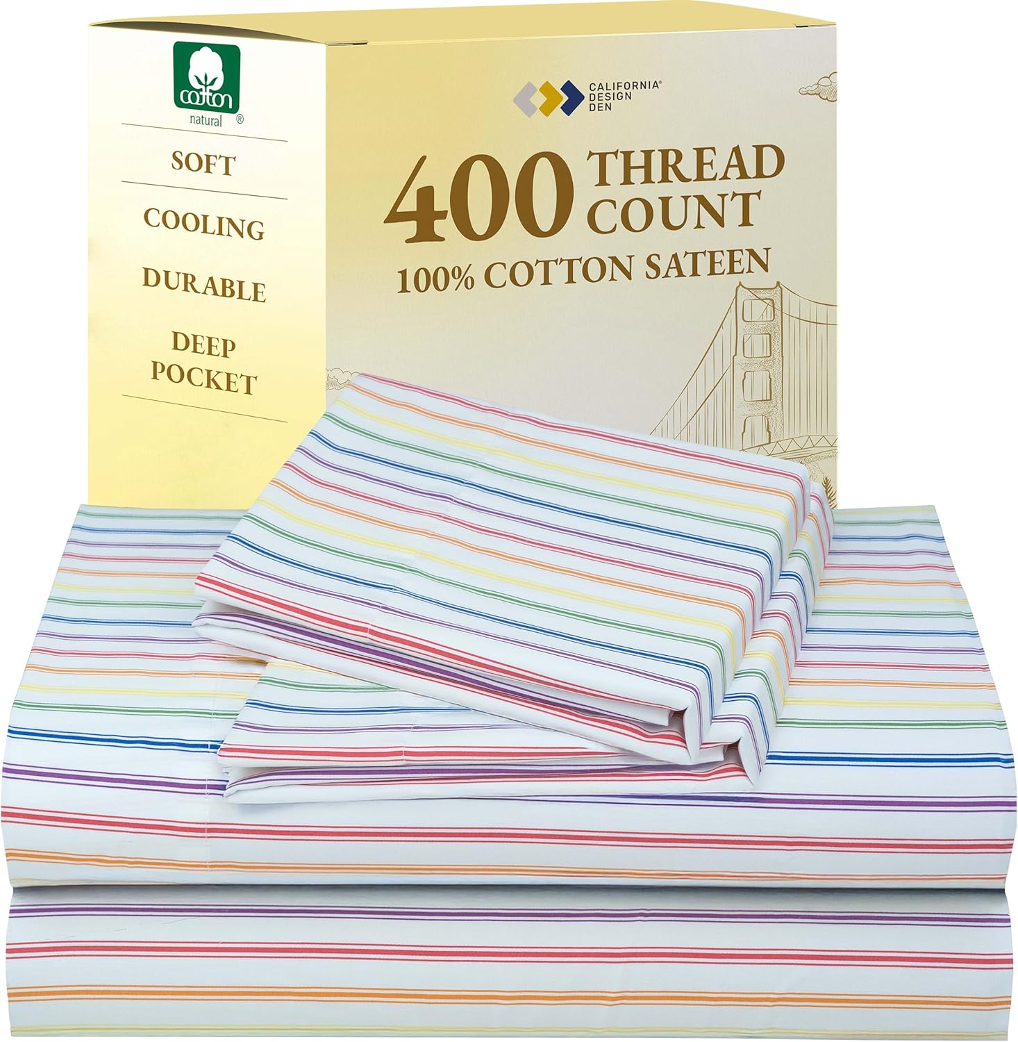 California Design Den Natural 100% Cotton Sheets Queen Size Bed Set - Soft 400 Thread Count Sateen, Queen Sheets, Deep Pockets with All Around Elastic for a Snug Fit, Durable Bedding - White