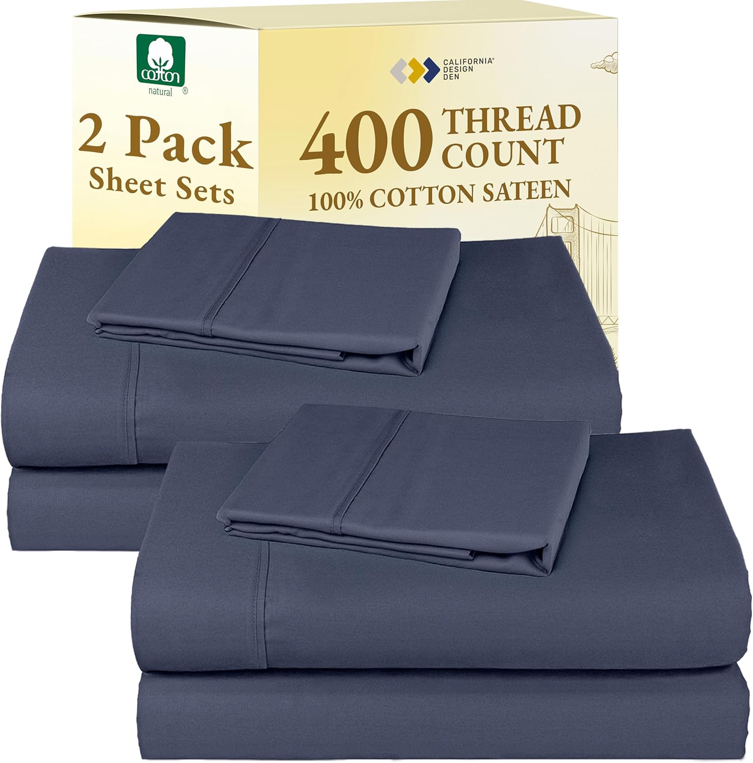 California Design Den Natural 100% Cotton Sheets Queen Size Bed Set - Soft 400 Thread Count Sateen, Queen Sheets, Deep Pockets with All Around Elastic for a Snug Fit, Durable Bedding - White