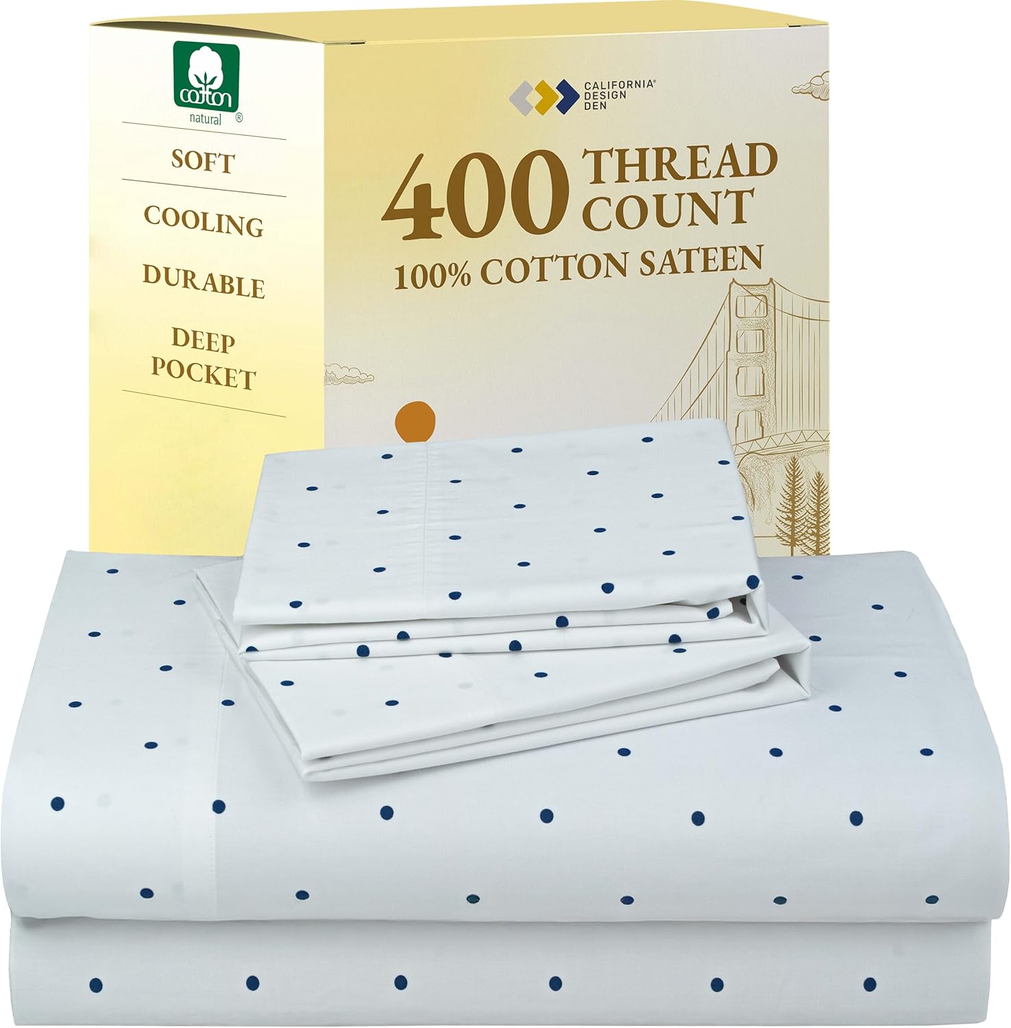 California Design Den Natural 100% Cotton Sheets Queen Size Bed Set - Soft 400 Thread Count Sateen, Queen Sheets, Deep Pockets with All Around Elastic for a Snug Fit, Durable Bedding - White