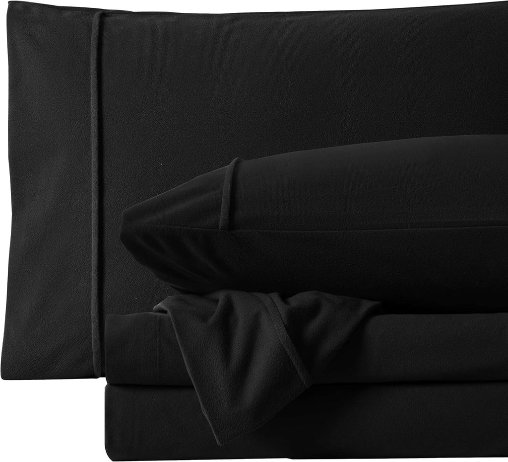 Flannel Sheets Warm and Cozy Deep Pocket Breathable All Season Bedding Set with Fitted, Flat and Pillowcases, Queen, Black