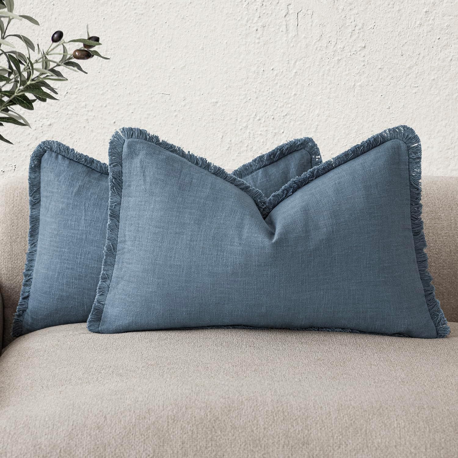 Foindtower Set of 2 Decorative Linen Fringe Throw Pillow Covers Cozy Boho Farmhouse Cushion Cover with Tassels Soft Accent Pillowcase for Couch Sofa Bed Living Room Home Decor, 26×26 Inch, Light Brown