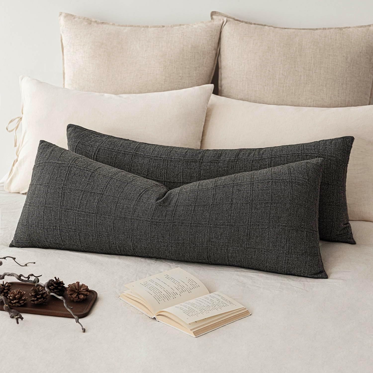 Foindtower Set of 2 Decorative Linen Check Throw Pillow Covers Neutral Farmhouse Vintage Cushion Covers Modern Boho Home Decor for Sofa Chair Couch Bedroom Living Room,26×26 Inch,Olive Green