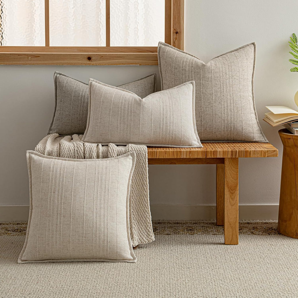 a moment Linen Pillow Covers Set of 2,Boho Farmhouse Throw Pillowcases Neutral Textured Decorative Covers for Couch Sofa,Soft Linen Blend Accent Case Cushion Living Room Home Decor 24"x24"Ivory