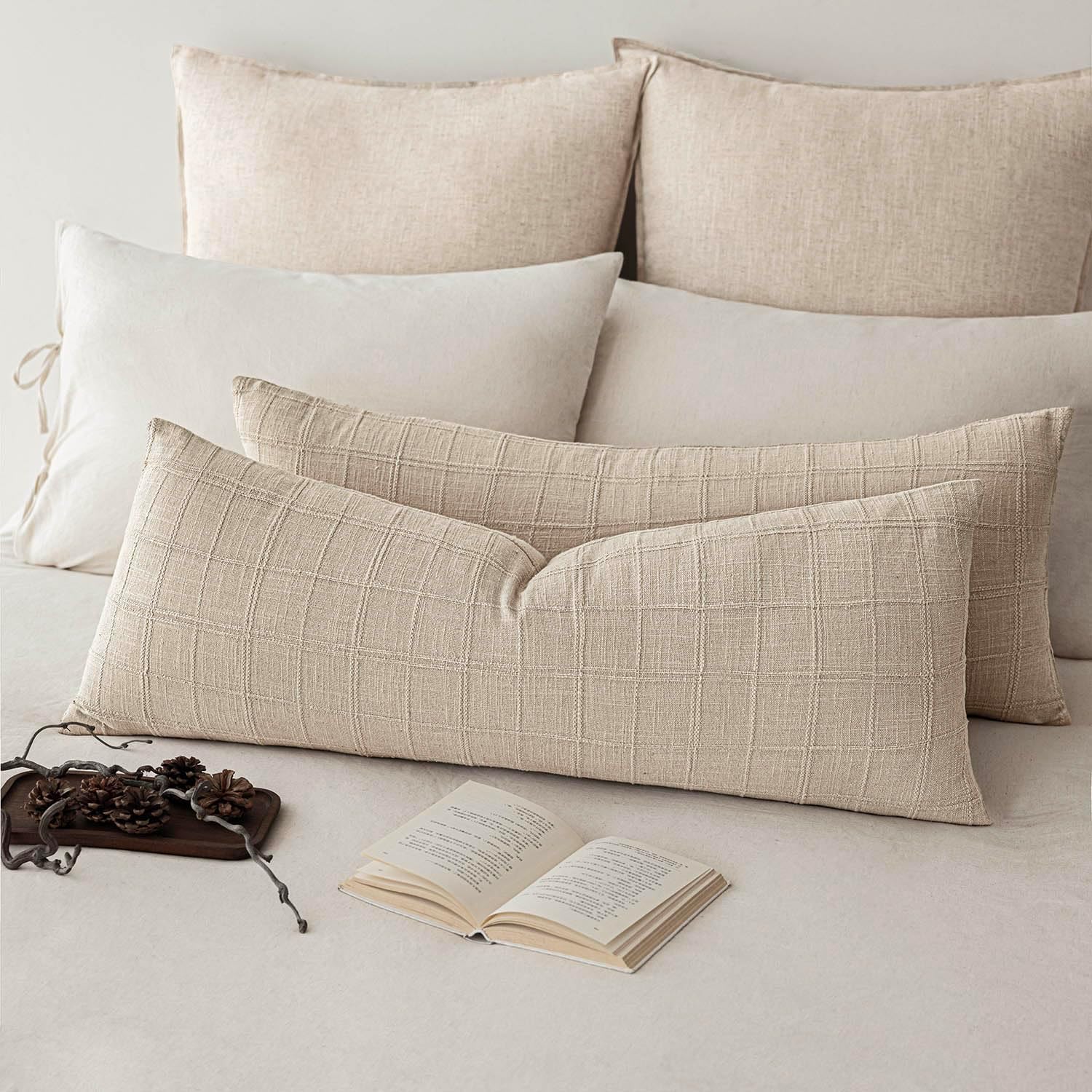 Foindtower Set of 2 Decorative Linen Check Throw Pillow Covers Neutral Farmhouse Vintage Cushion Covers Modern Boho Home Decor for Sofa Chair Couch Bedroom Living Room,26×26 Inch,Olive Green