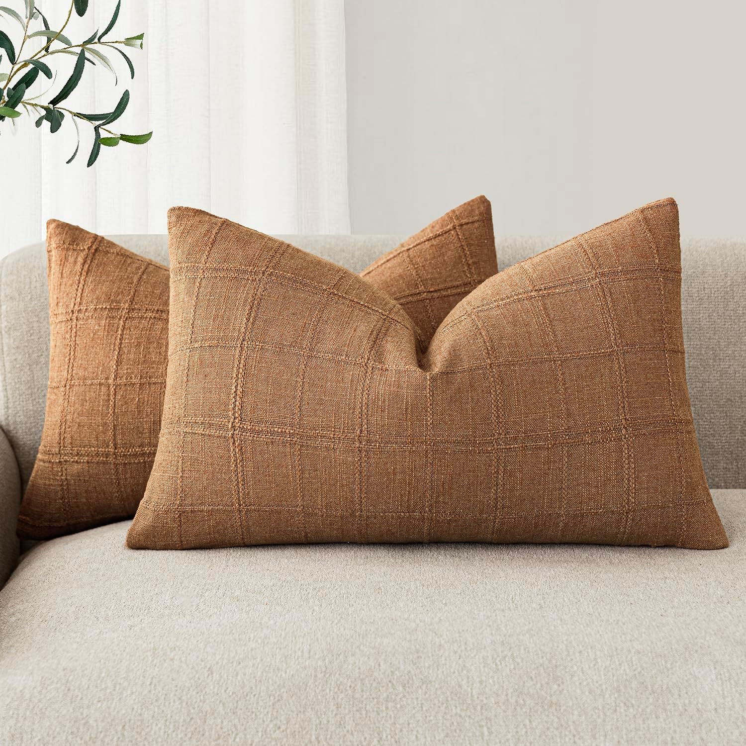 Foindtower Set of 2 Decorative Linen Check Throw Pillow Covers Neutral Farmhouse Vintage Cushion Covers Modern Boho Home Decor for Sofa Chair Couch Bedroom Living Room,26×26 Inch,Olive Green