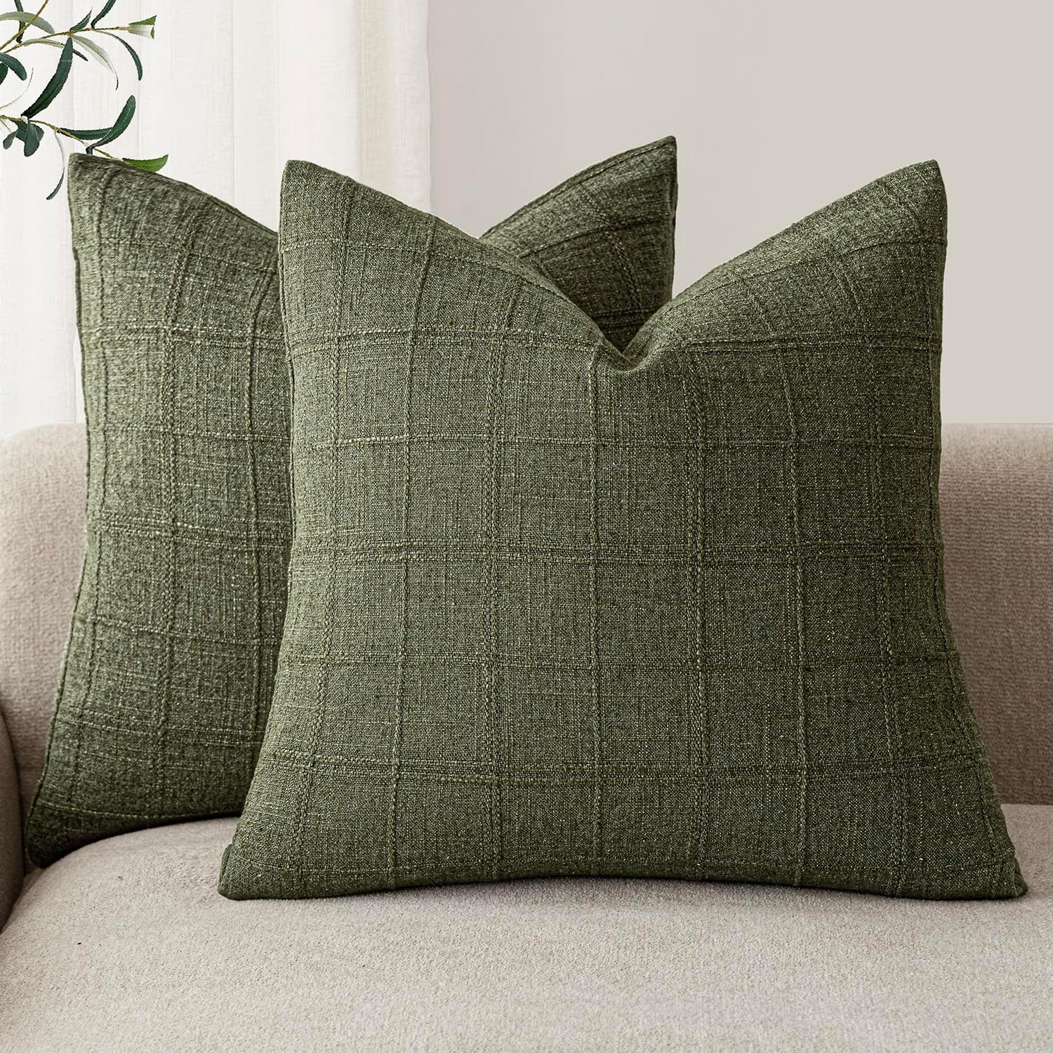 Foindtower Set of 2 Decorative Linen Check Throw Pillow Covers Neutral Farmhouse Vintage Cushion Covers Modern Boho Home Decor for Sofa Chair Couch Bedroom Living Room,26×26 Inch,Olive Green