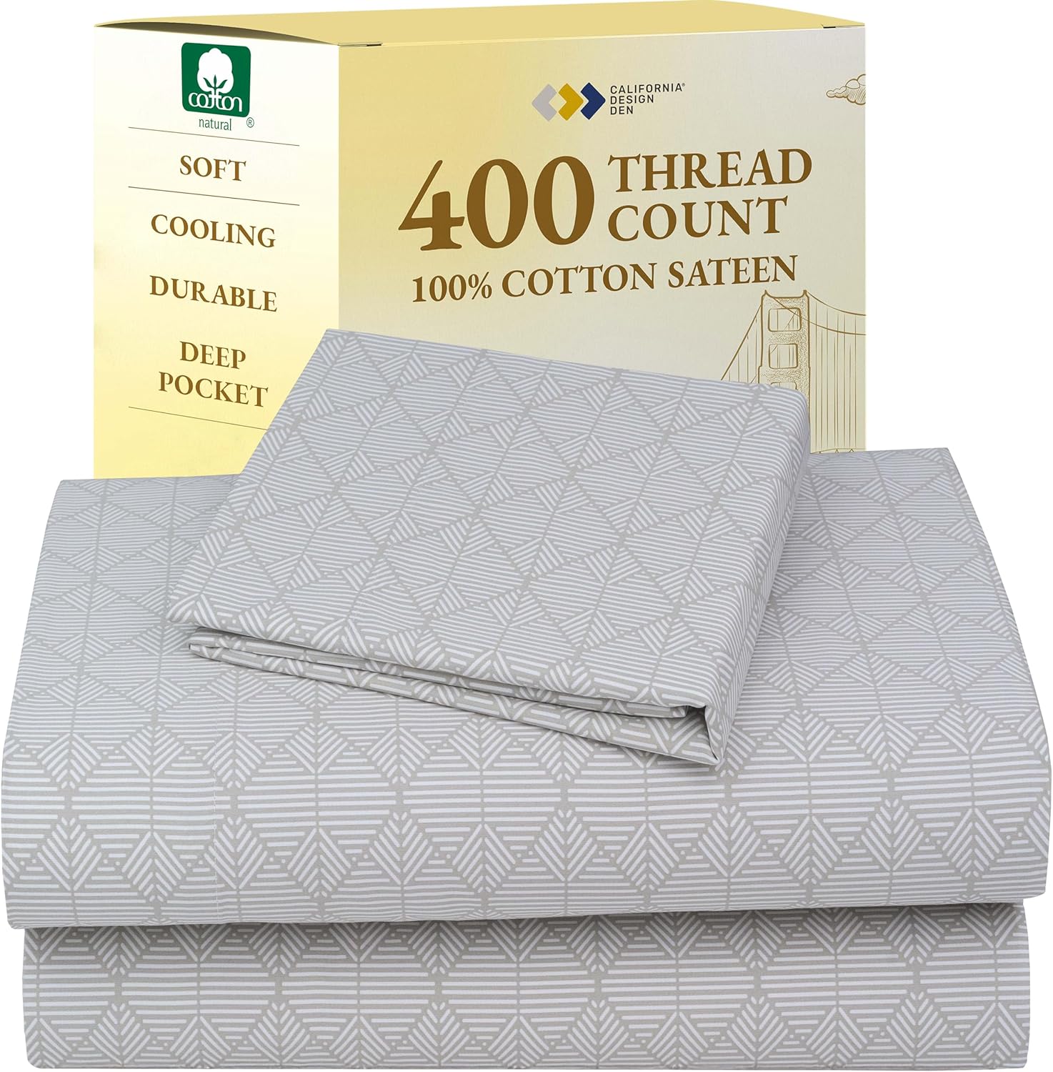 California Design Den Natural 100% Cotton Sheets Queen Size Bed Set - Soft 400 Thread Count Sateen, Queen Sheets, Deep Pockets with All Around Elastic for a Snug Fit, Durable Bedding - White