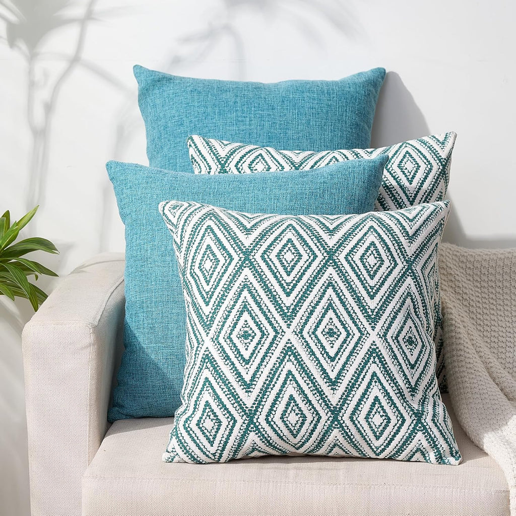 HPUK Decorative Throw Pillow Covers Set of 4 Geometric Design Linen Cushion Cover for Couch Sofa Living Room, 20"x20" inches, Aqua Blue