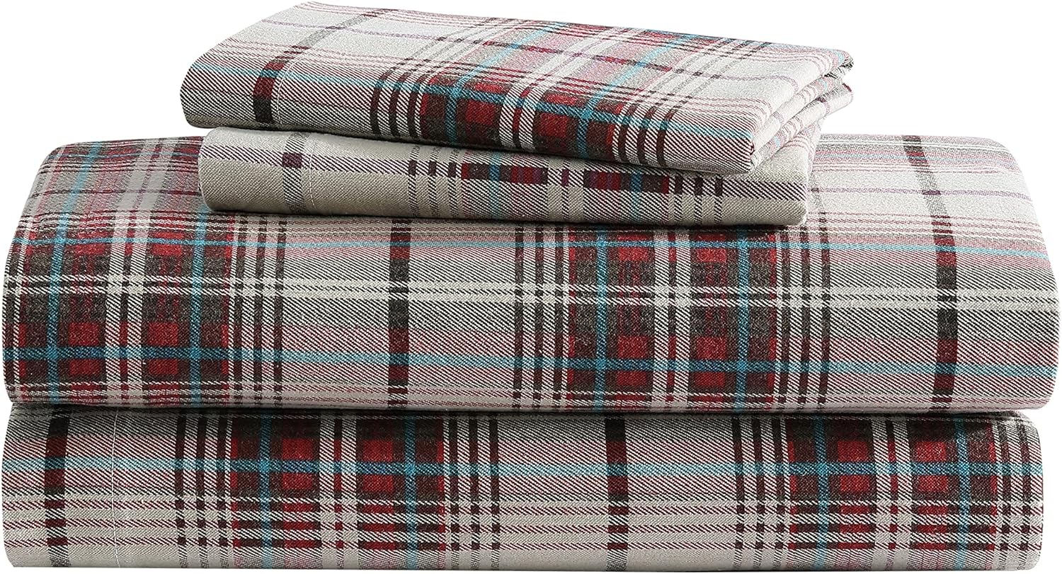 Eddie Bauer - Flannel Sheets Queen Size, Anti-Pilling & Wrinkle Resistant Cotton, Touchably Soft for All-Season Comfort - Bed Sheets with Matching Pillowcases & Fitted Sheet (Edgewood Plaid Green)