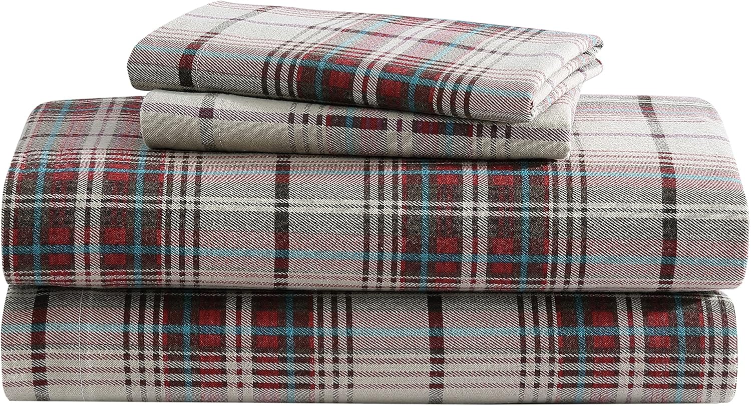 Eddie Bauer - Flannel Sheets Queen Size, Anti-Pilling & Wrinkle Resistant Cotton, Touchably Soft for All-Season Comfort - Bed Sheets with Matching Pillowcases & Fitted Sheet (Montlake Plaid Red)