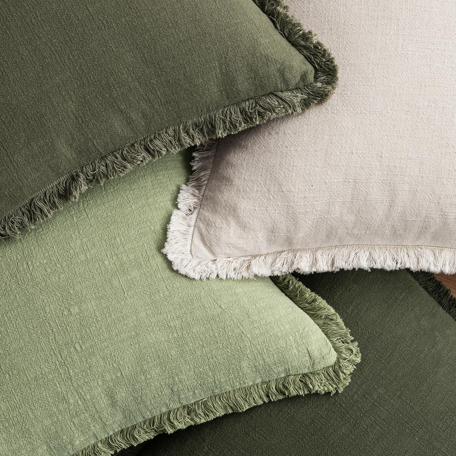 MIULEE Decorative Couch Pillow Covers Neutral Linen Fringe Throw Pillows Set of 4 Boho Farmhouse Soft Accent Cushions for Bed Sofa Living Room Spring Home Decor 24x24 Inch Beige/Sage Green