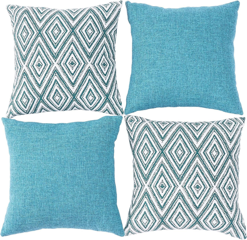 HPUK Decorative Throw Pillow Covers Set of 4 Geometric Design Linen Cushion Cover for Couch Sofa Living Room, 20"x20" inches, Aqua Blue
