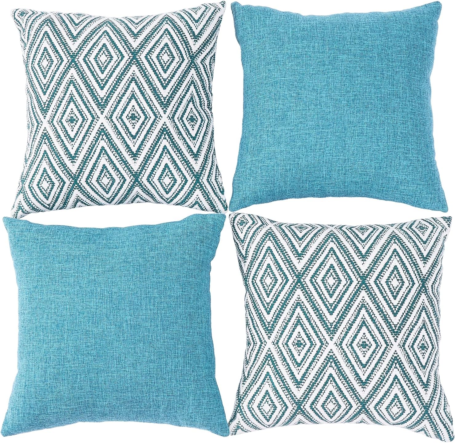 HPUK Decorative Throw Pillow Covers Set of 4 Geometric Design Linen Cushion Cover for Couch Sofa Living Room, 20"x20" inches, Aqua Blue