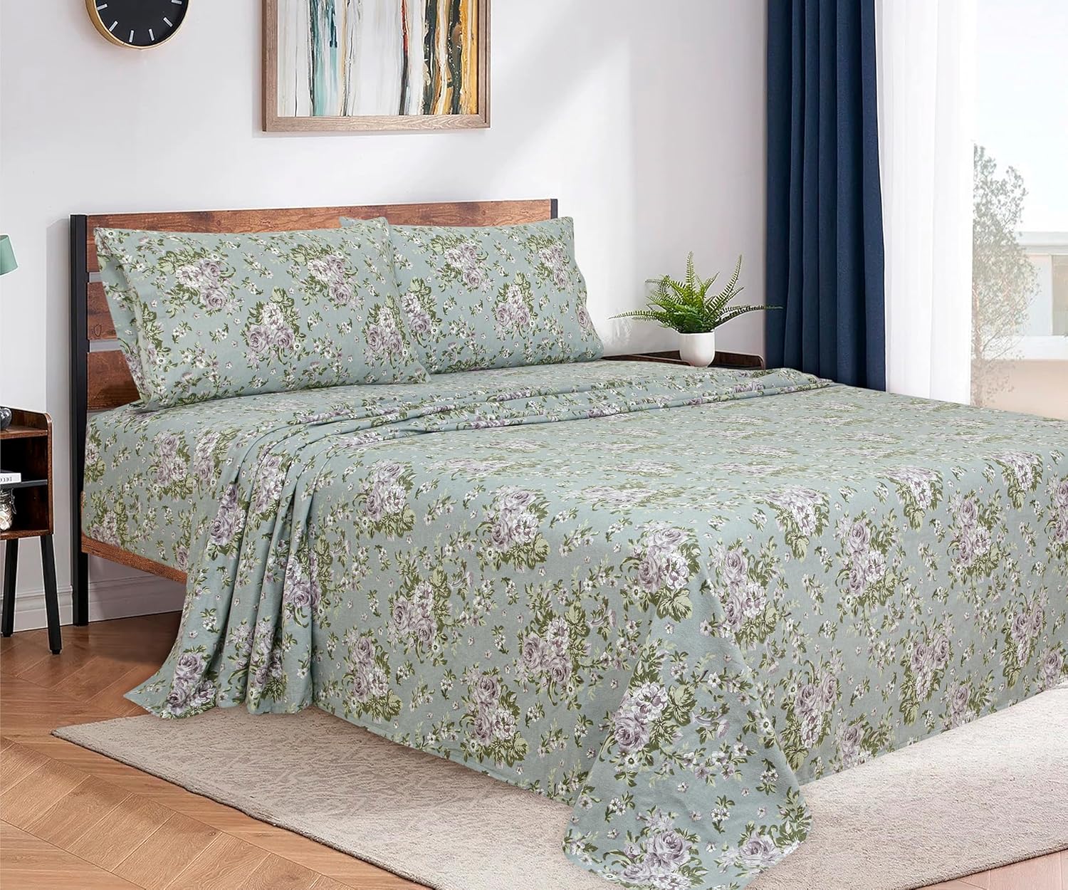 Bliss Casa 4 Piece 100% Cotton Flannel Sheets Queen Size Bed Set - Warm & Extra Soft - Deep Pockets, Breathable, All Seasons Comfy - Double Brushed Bed Sheet (Blossom)