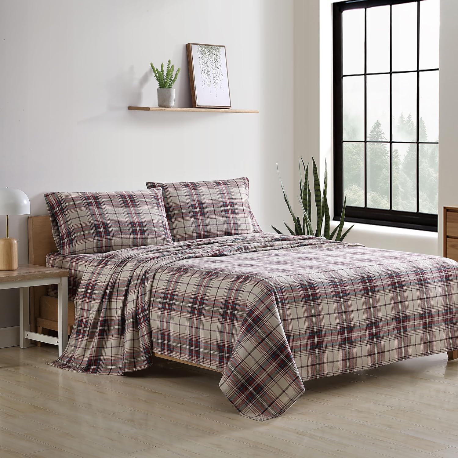 Eddie Bauer - Flannel Sheets Queen Size, Anti-Pilling & Wrinkle Resistant Cotton, Touchably Soft for All-Season Comfort - Bed Sheets with Matching Pillowcases & Fitted Sheet (Montlake Plaid Red)