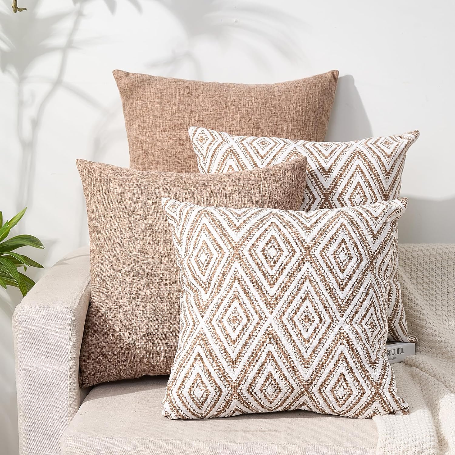 HPUK Decorative Throw Pillow Covers Set of 4 Geometric Design Linen Cushion Cover for Couch Sofa Living Room, 20"x20" inches, Aqua Blue