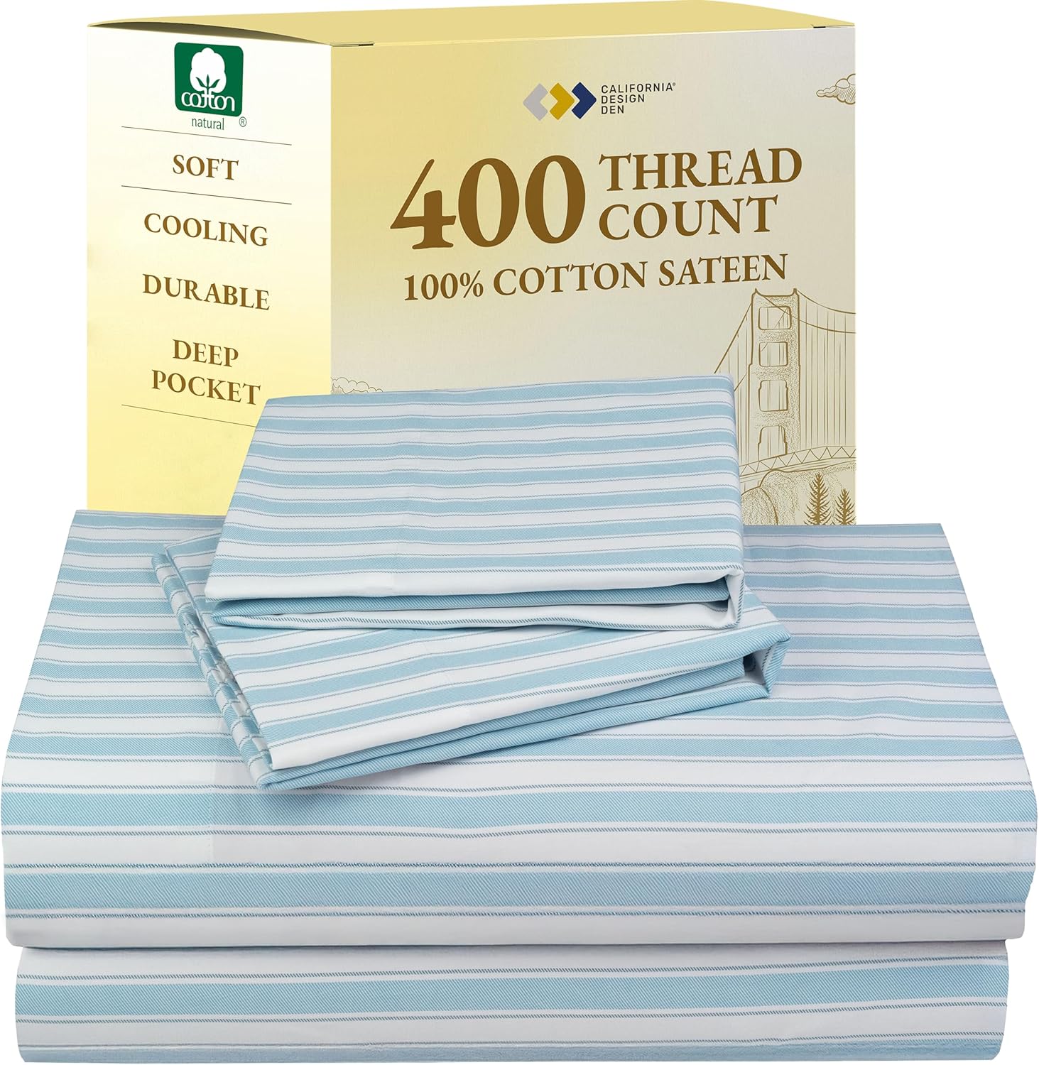 California Design Den Natural 100% Cotton Sheets Queen Size Bed Set - Soft 400 Thread Count Sateen, Queen Sheets, Deep Pockets with All Around Elastic for a Snug Fit, Durable Bedding - White