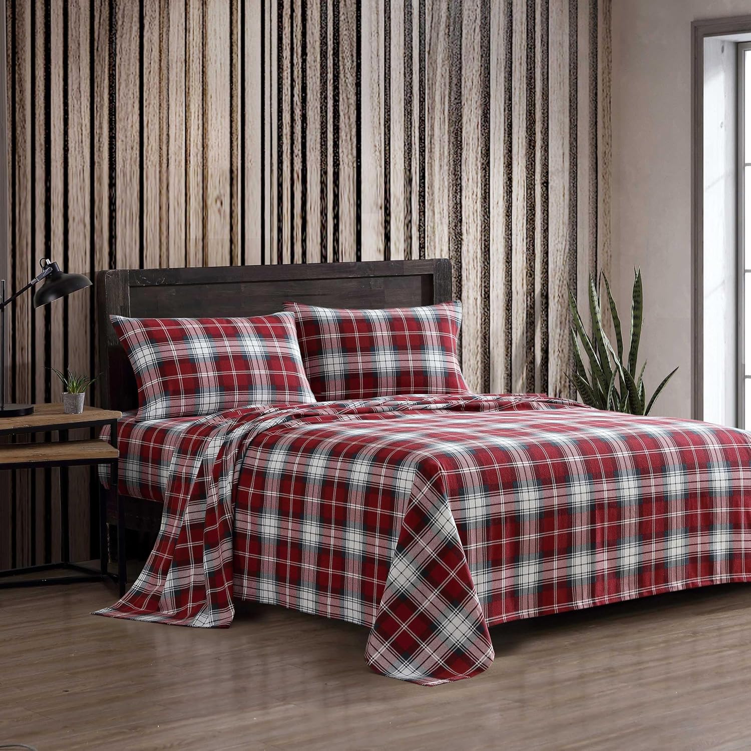 Eddie Bauer - Flannel Sheets Queen Size, Anti-Pilling & Wrinkle Resistant Cotton, Touchably Soft for All-Season Comfort - Bed Sheets with Matching Pillowcases & Fitted Sheet (Montlake Plaid Red)