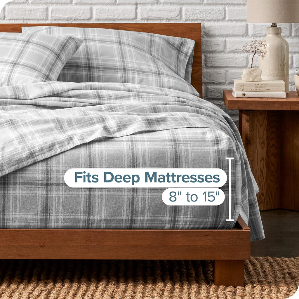 Bare Home Flannel Sheet Set Prints, 100% Cotton, Velvety Soft Heavyweight - Double Brushed Flannel for Extra Softness & Comfort - Deep Pocket - Bed Sheets (Queen, Tartan Plaid)