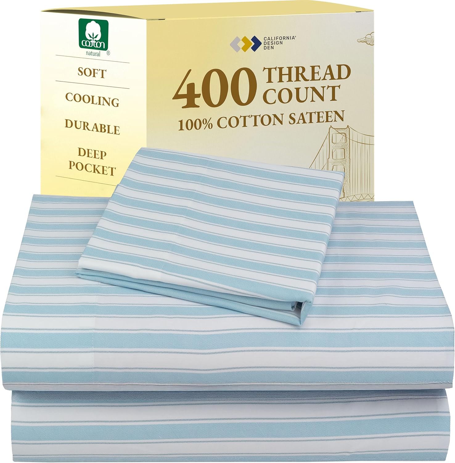 California Design Den Natural 100% Cotton Sheets Queen Size Bed Set - Soft 400 Thread Count Sateen, Queen Sheets, Deep Pockets with All Around Elastic for a Snug Fit, Durable Bedding - White